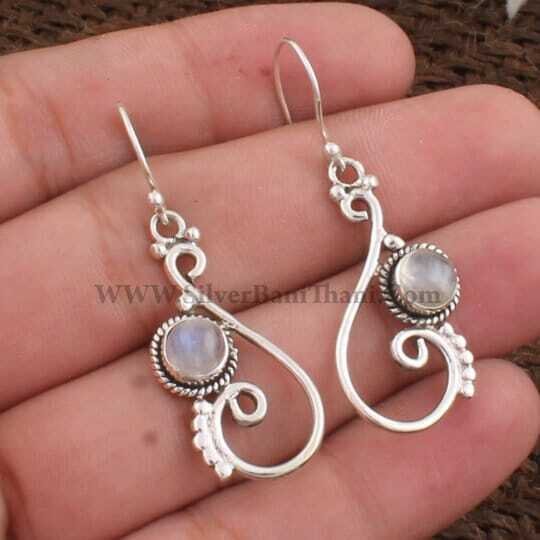 Solid Silver Earring- Rainbow Moonstone Earring- White Cabochon Fire Stone Earring Sterling Silver Earring- Rainbow Moonstone Semi Precious
