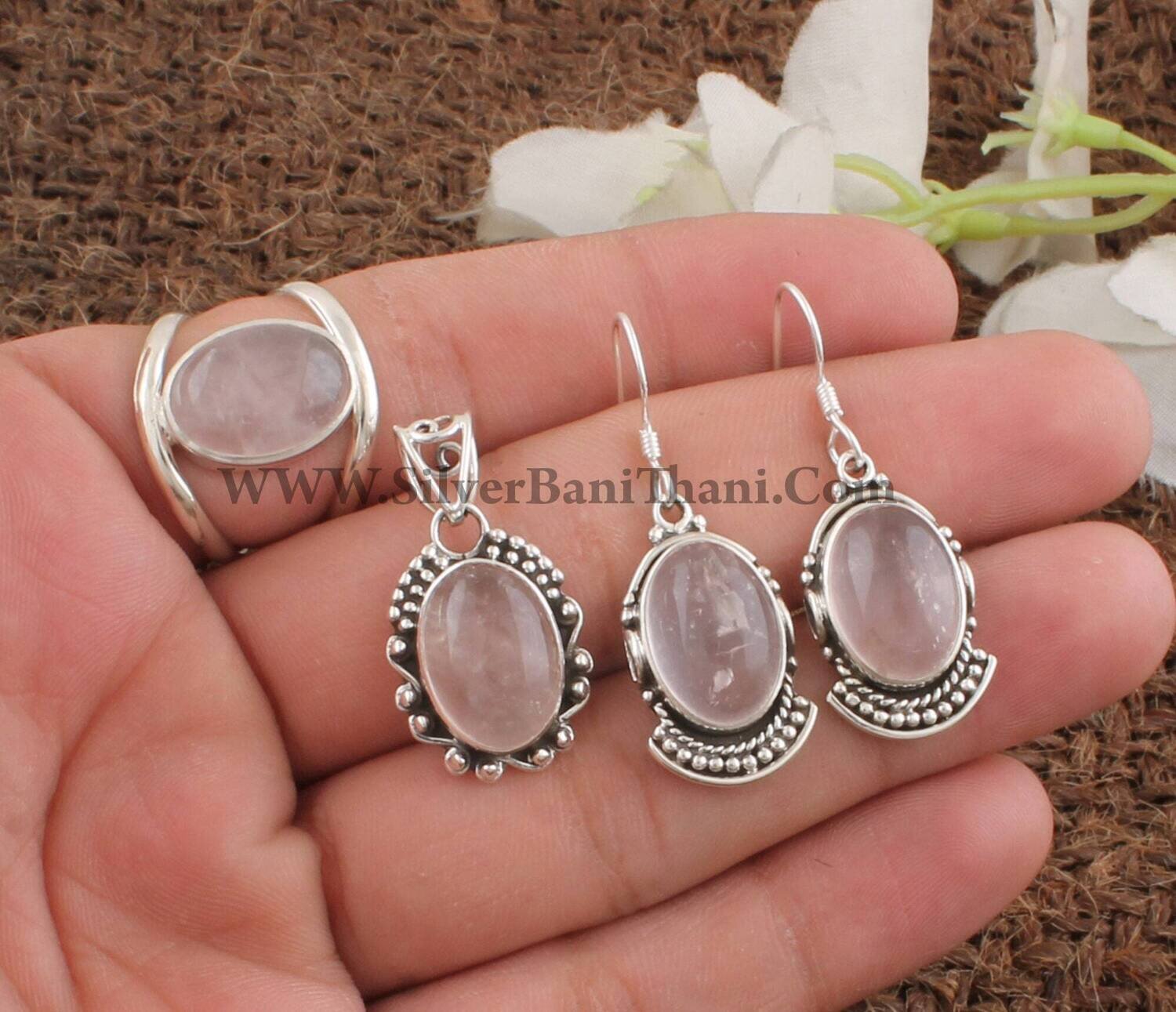 Rose Quartz Gemstone Silver Jewelry Set | 925 Sterling Silver Jewelry Set For Women | Present For Her| Handmade Wedding Jewelry Gift