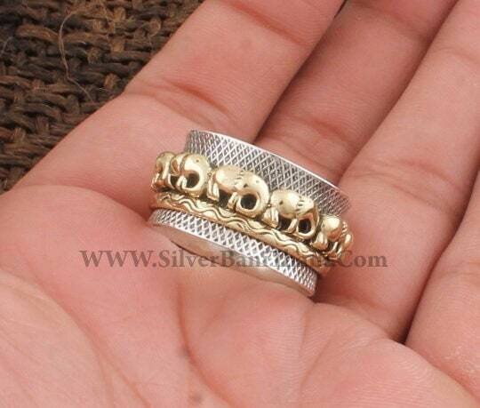 925 Sterling Silver & Brass Elephants Textured Spinner Ring | Designer Handmade Carved Meditation Ring | Women Wedding Jewelry |Gift For Her