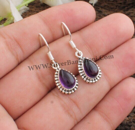 Amethyst Earring - Pear Design With Pear Shape Cabochon Earring - 925 Sterling Silver Earring - Beautiful Jewelry Gemstone Earring - Etsy