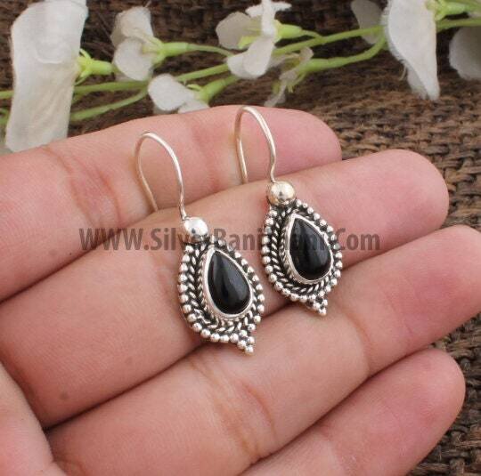 Lovely Black Onyx Earring-Black Pear Cabochon Earring-925 Sterling Silver Earring-Opaque Gemstone Semi Precious Earring-Christmas Gift-Sale