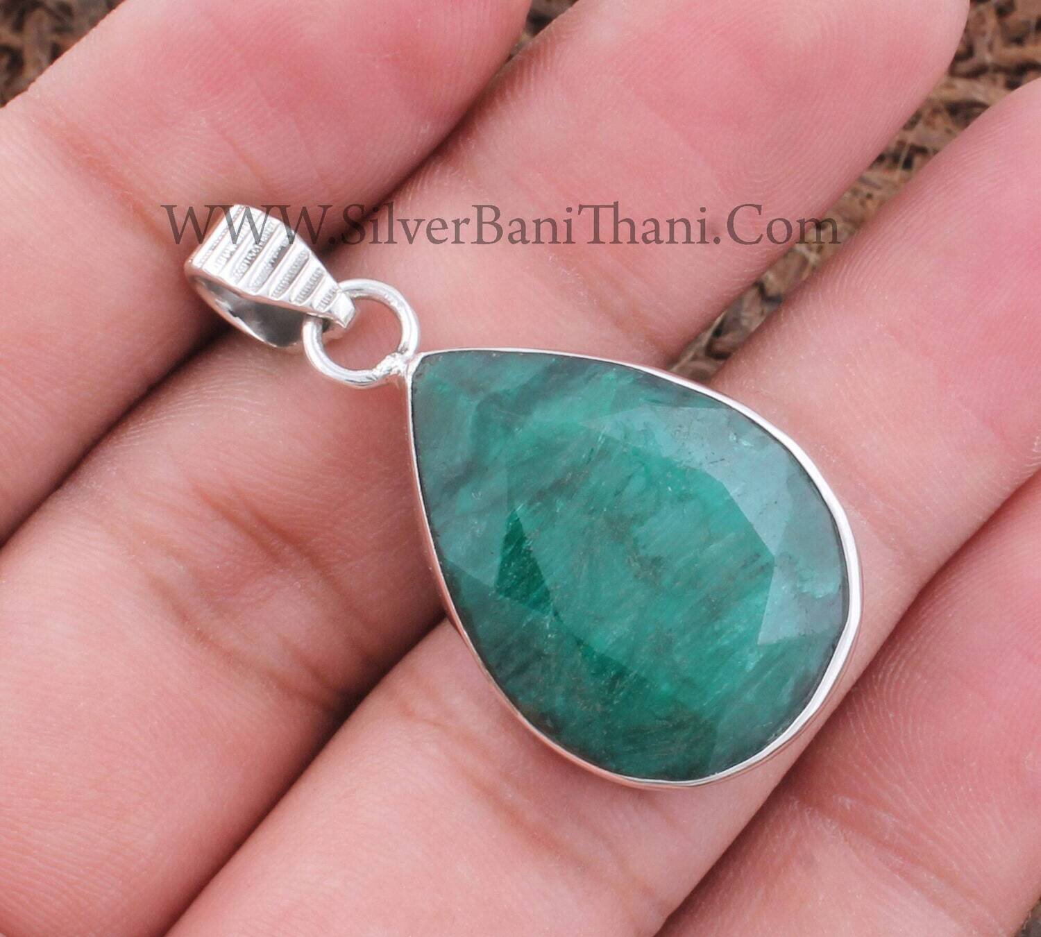 Emerald Gemstone Silver Pendant Necklace | 925 Sterling Silver Emerald Pear Shape Pendant | Handmade Women Wedding Silver Wear Jewelry Gifts