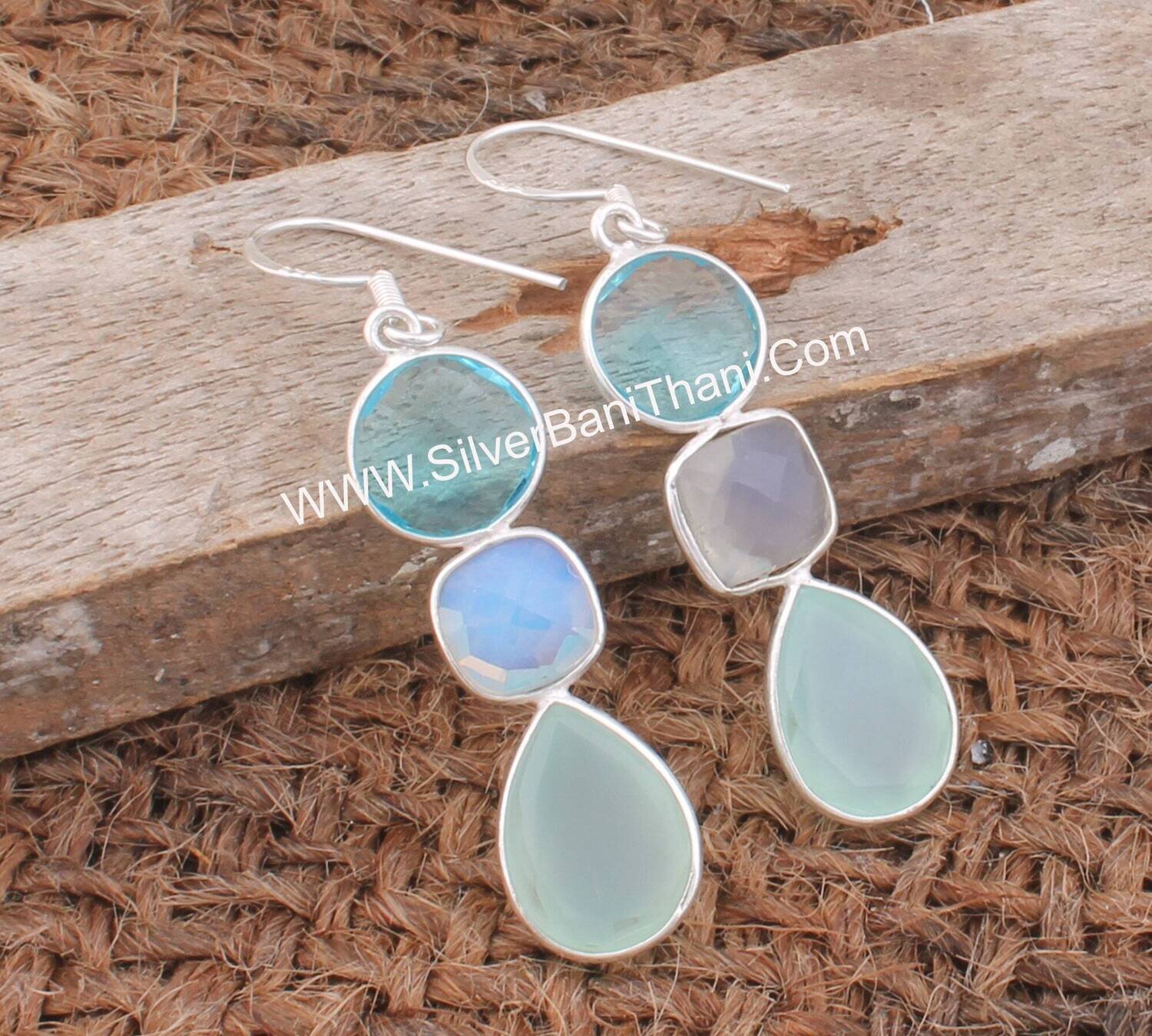 Bezel Set Faceted Multi Gemstone Silver Earrings | 925 Sterling Solid Silver Earrings | Designer Handmade Three Stone Jewelry For Women Gift
