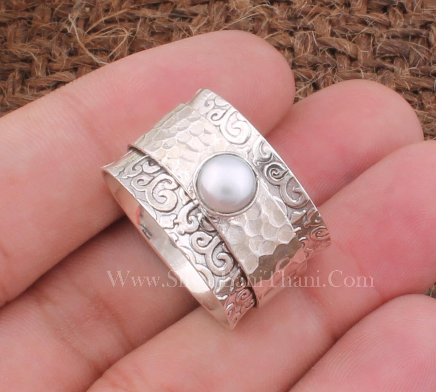 Designer Carved Silver Pearl Spinner Ring | 925 Sterling Silver Handmade Hammered Ring | Bridal Pearl Jewelry | Valentine's Day Gift Foe Her