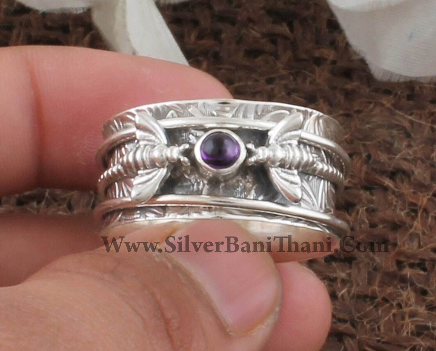 Purple Amethyst Gemstone Silver Spinner Ring | 925 Sterling Silver Smooth Stone Ring | Designer Hand Carved Two Honey Bee Silver Ring | Gift