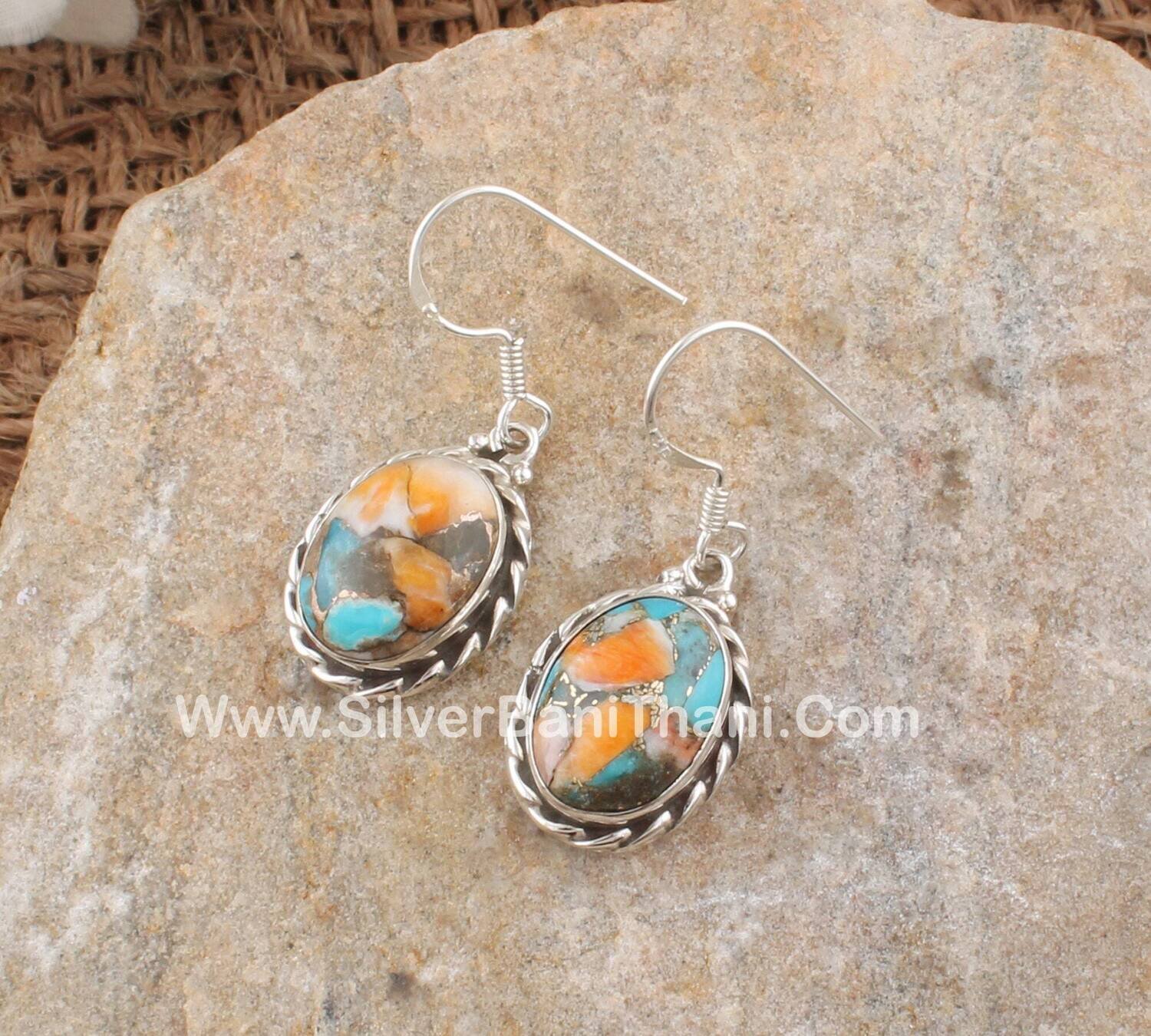 Oyster Copper Turquoise Silver Earrings | 925 Sterling Solid Silver Earrings | Designer Oval Gemstone Earrings | Handmade Women Earring Gift