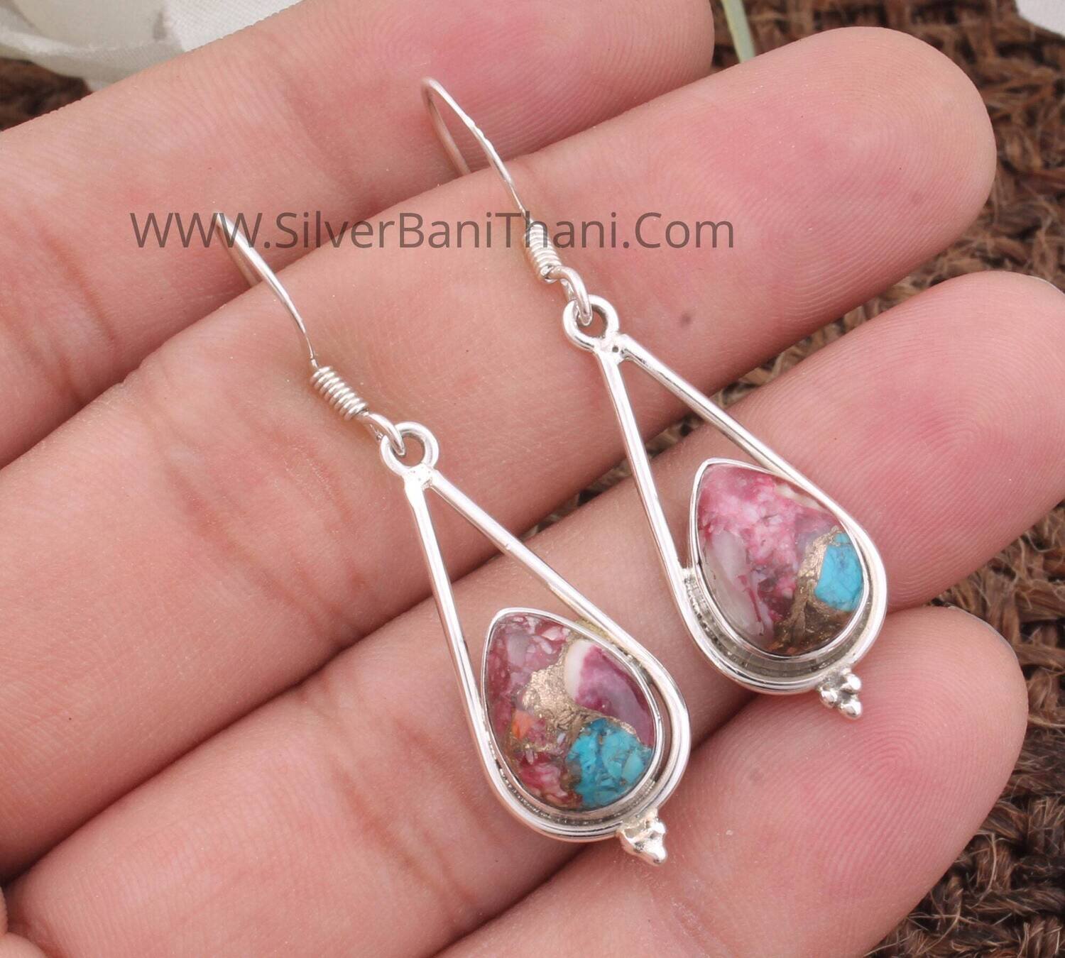 Mix Spiny Copper Turquoise Silver Earrings | 925 Sterling Solid Silver Earrings | Pear Gemstone Earrings | Handmade Women Earring Gift Idea