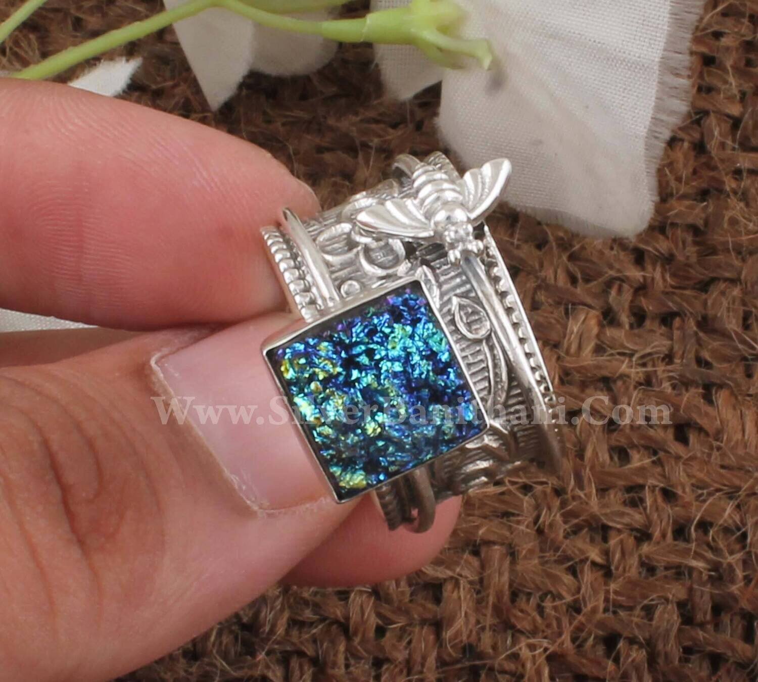 Titanium Druzy Silver Spinner Ring | 925 Sterling Silver Druzy Square Spinner Ring | Designer Hand Carved Honey Bee Silver Ring For Wedding