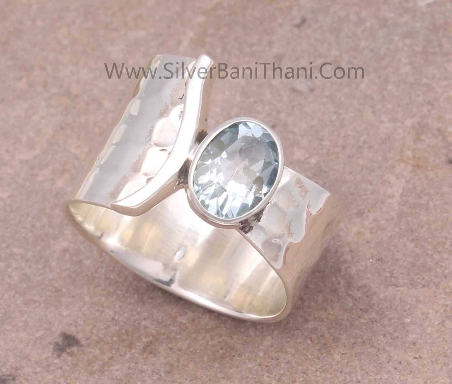 Natural Blue Topaz Solid 925 Sterling Silver Ring For Women | Handmade Oval Cut Solid Silver Fancy Hammered Band Ring For Anniversary Gifts