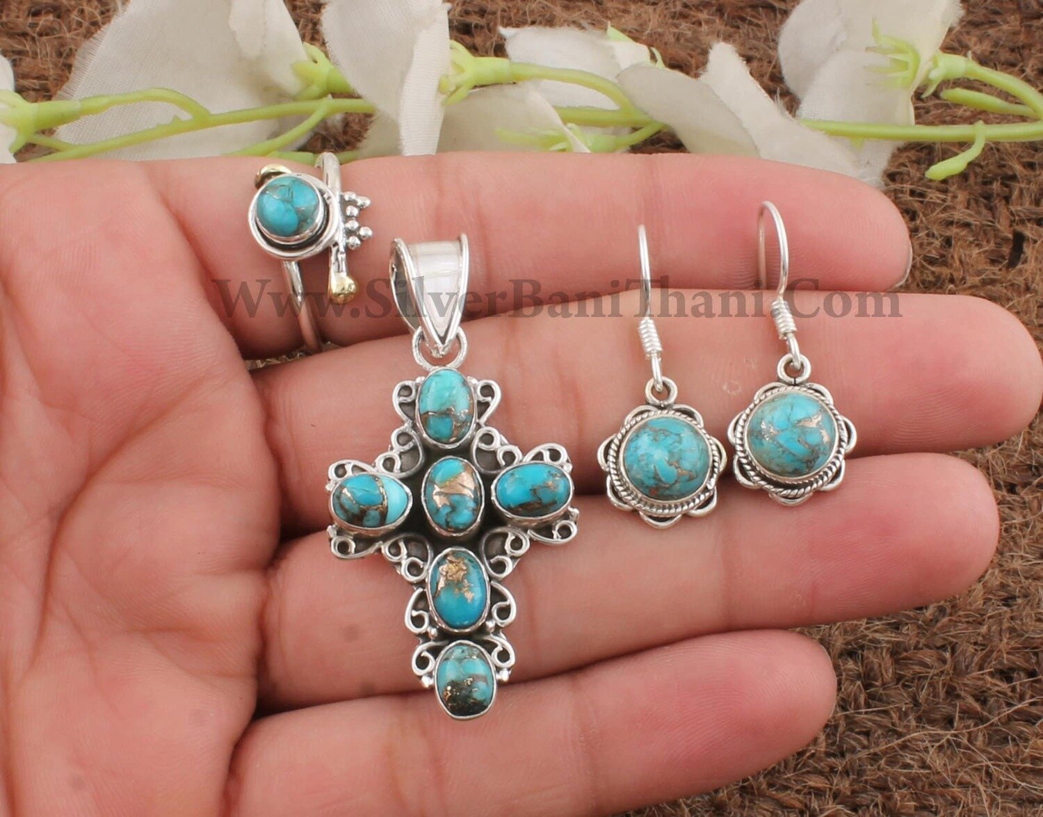 Blue Copper Turquoise Gemstone Silver Jewelry Set | 925 Sterling Silver Jewelry Set | Handmade Boho Jewelry Bridal Wedding Jewelry For Gift