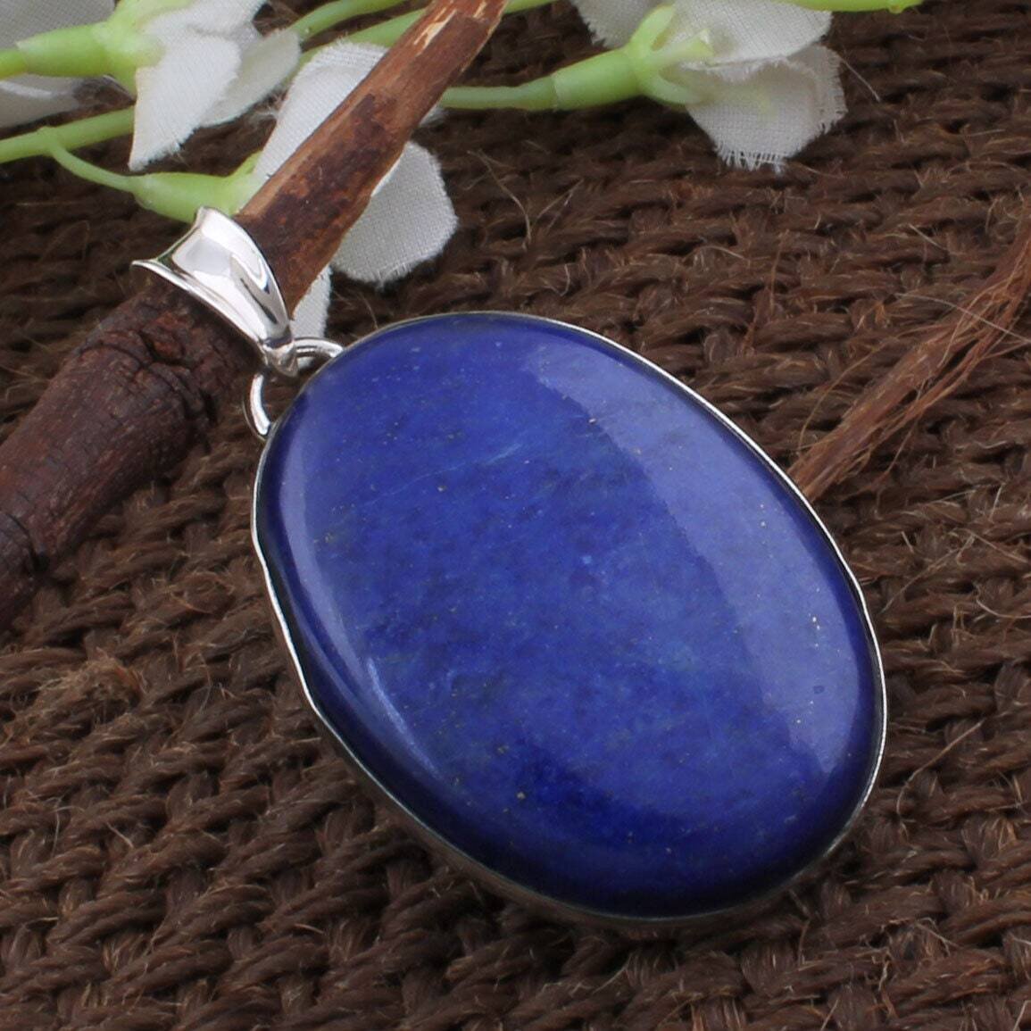 Lapis Pendant-Oval Cabochon Pendant Sterling Solid Silver Pendant-Natural Lapis Top Quality Semi Precious Stone Pendant Oval Long Pendant