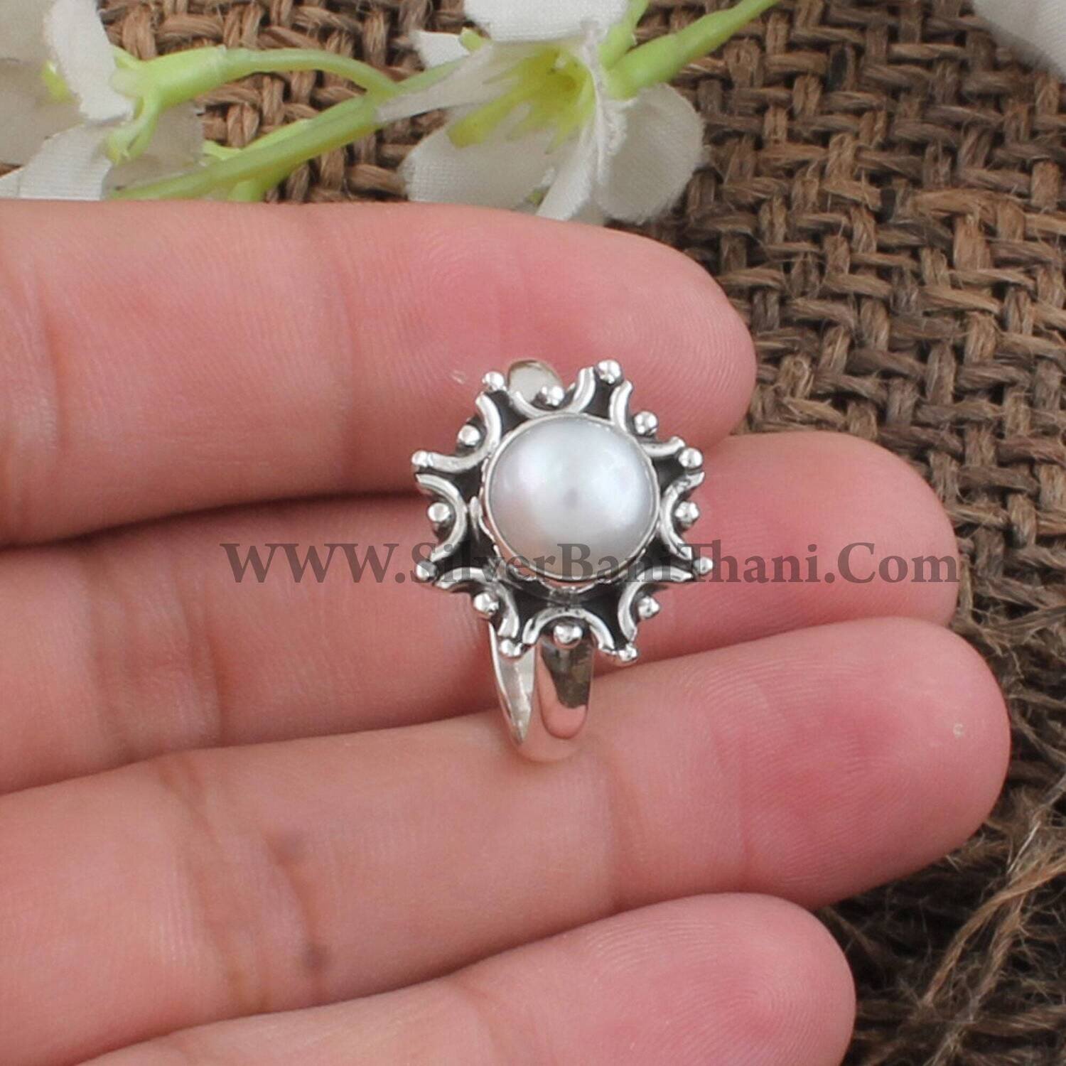 Pearl Silver Gemstone Silver Ring | 925 Sterling Silver Round Gemstone Ring | Designer Flower Handmade Bridesmaid Ring | Bridal Wedding Gift