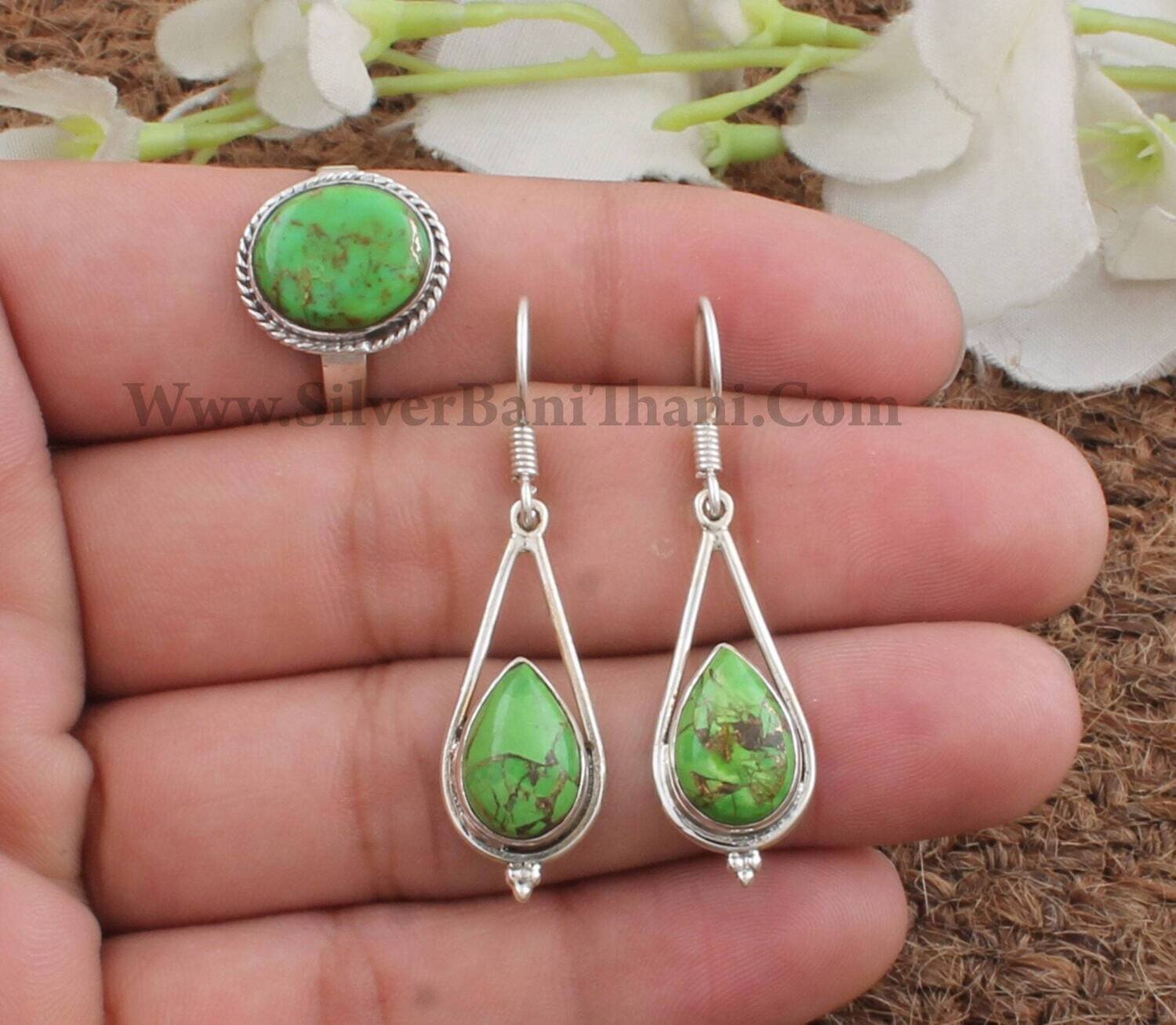 Green Copper Turquoise Gemstone Silver Jewelry Set | 925 Sterling Silver Jewelry Set | Handmade Boho Jewelry | Bridal Wedding Jewelry | Gift
