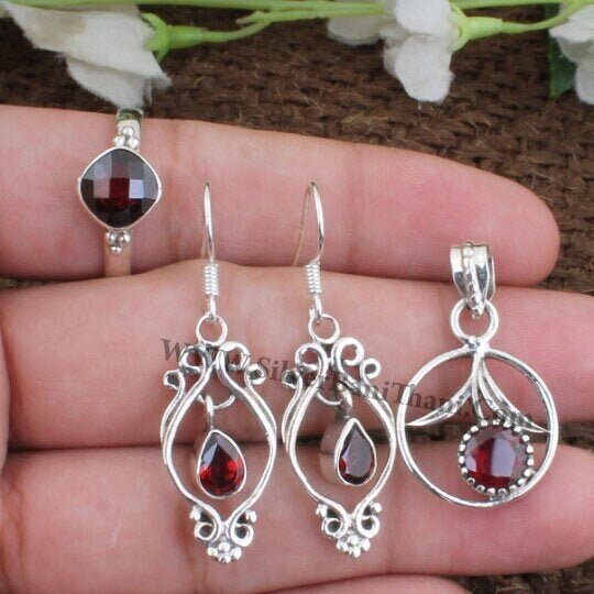 Red Garnet Jewelry 925 Sterling Solid Silver jewelry- Cut Faceted Stone Jewelry- Red Garnet Semi Precious Stone Jewelry Gift For Him