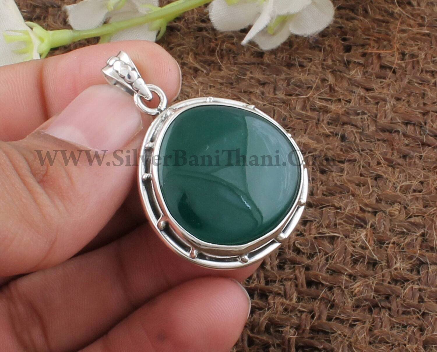 Natural Green Onyx Gemstone Necklace Pendant 925 Sterling Silver Designer Handmade Pendant For Women Boho Jewelry Present For Her Gift