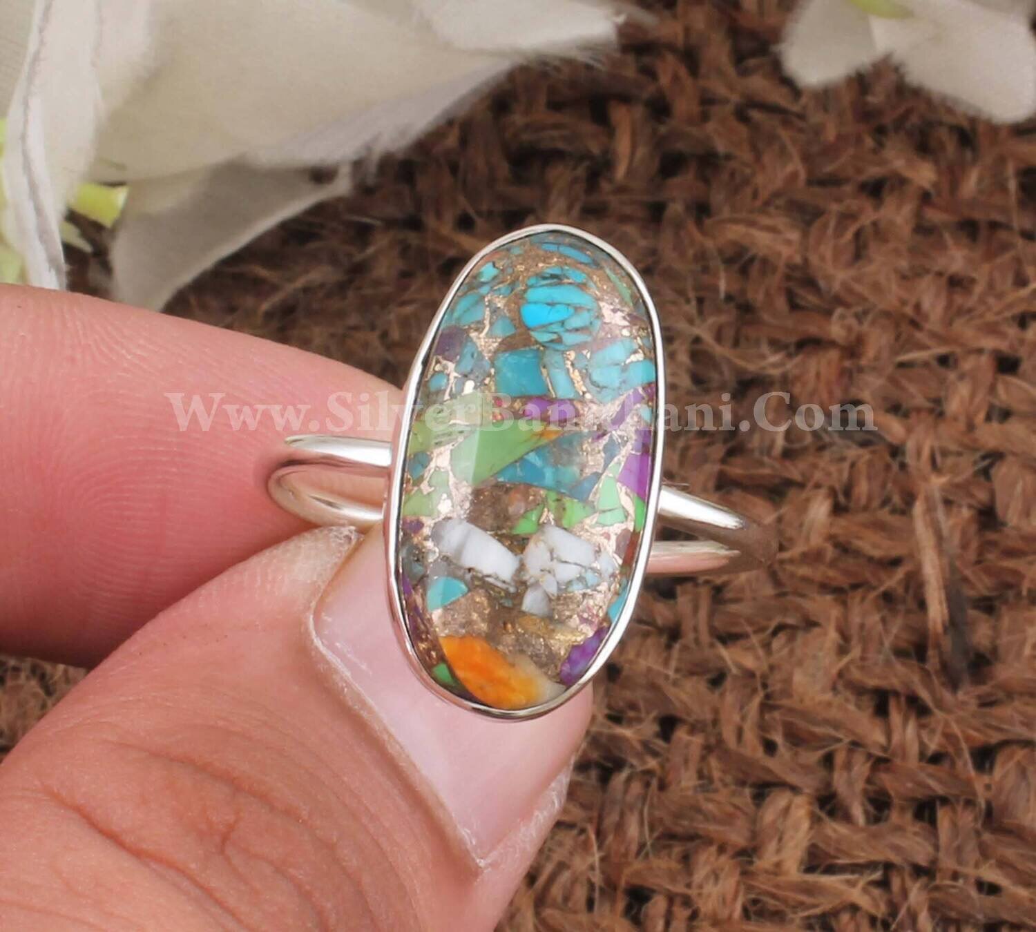 Solid 925 Sterling Silver Mix Copper Turquoise Oval Gemstone Ring For Women | Handmade Mix Gemstone Oval Ring For Wedding Anniversary Gift