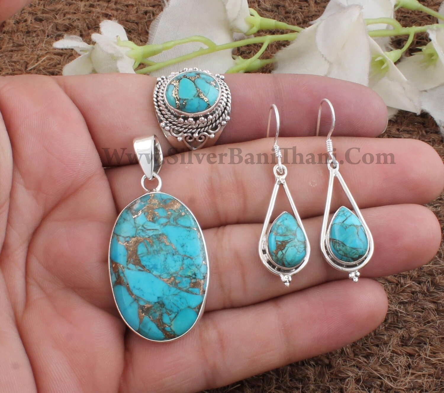 Copper Turquoise Gemstone Silver Jewelry Set | 925 Sterling Silver Jewelry Set | Handmade Boho Jewelry | Bridal Wedding Jewelry | Gift Idea