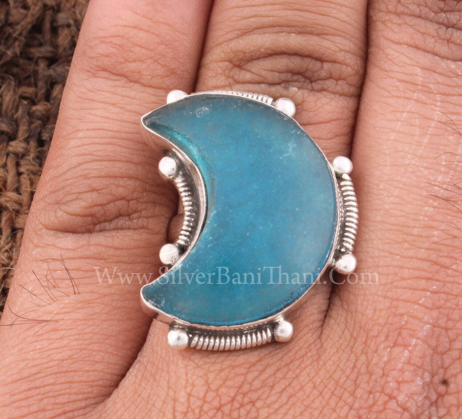 Blue Jade Gemstone Silver Ring | 925 Sterling Silver Smooth Gemstone Ring | Handmade Crescent Moon Shape Silver Ring | Present For Her Gift