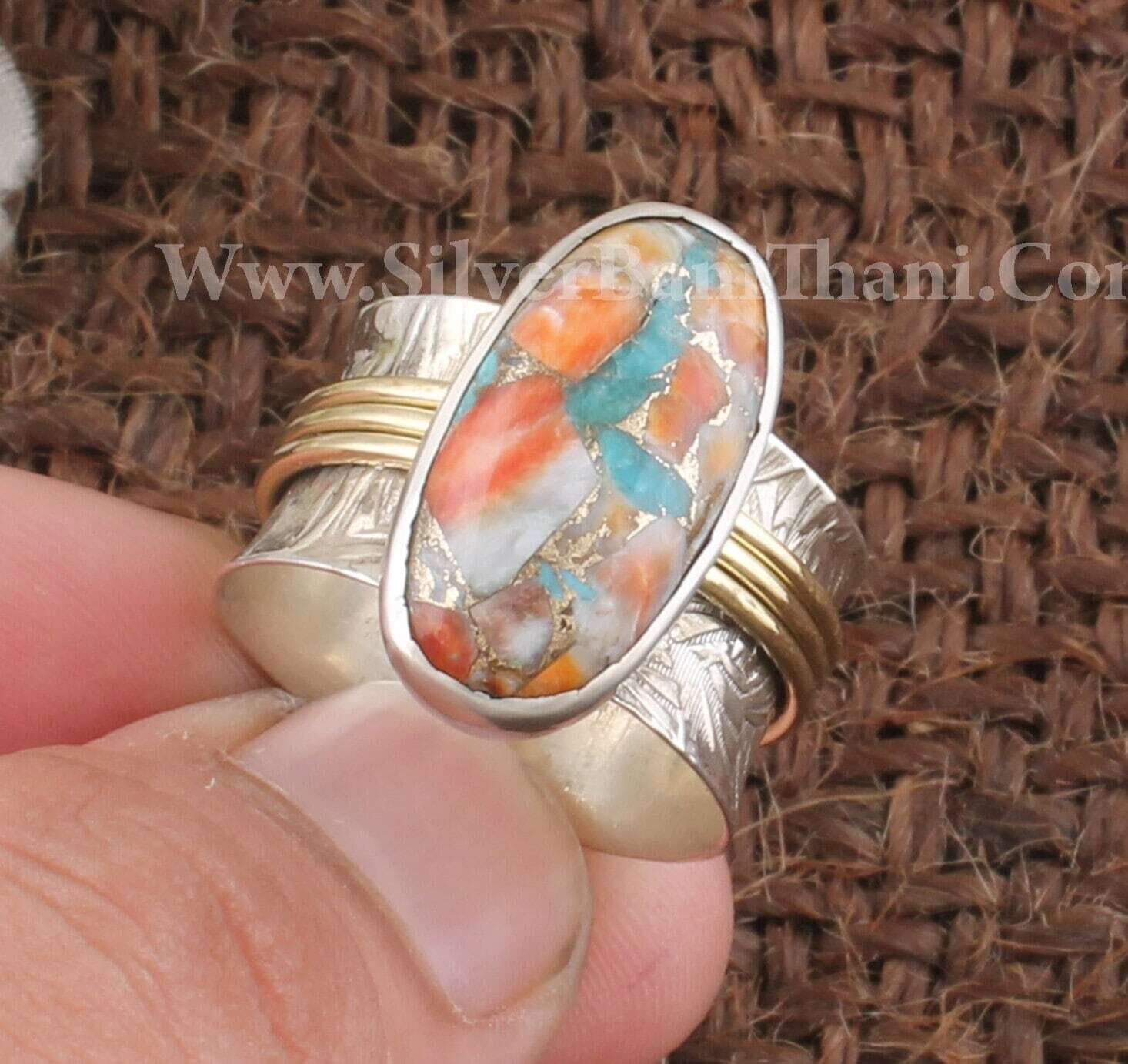 Natural Oyster Copper Turquoise Spinner Ring | 925 Sterling Silver &amp; Brass Spin Ring | Designer Handmade Meditation Ring Women Jewelry Gift