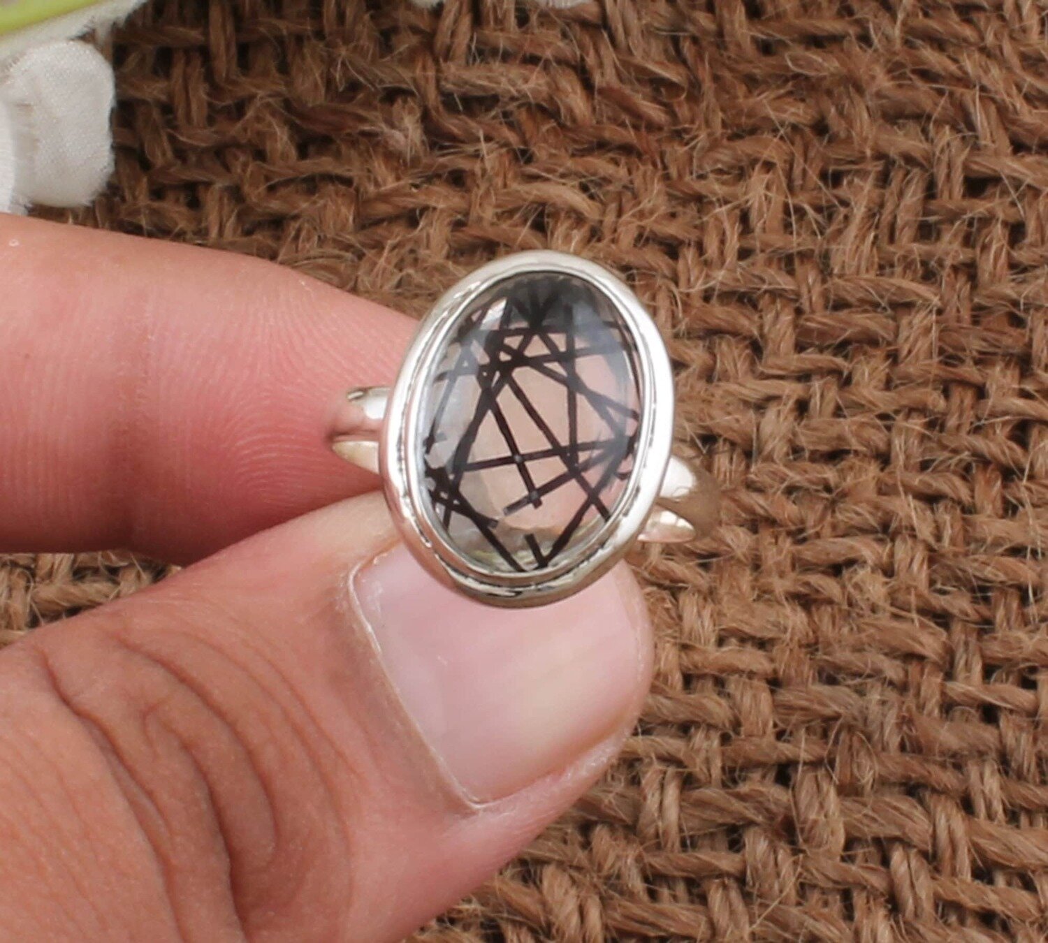 Black Rutile Quartz Gemstone Silver Ring | 925 Sterling Silver Oval Gemstone Ring | Designer Handmade Women Silver Jewelry Gift For Women