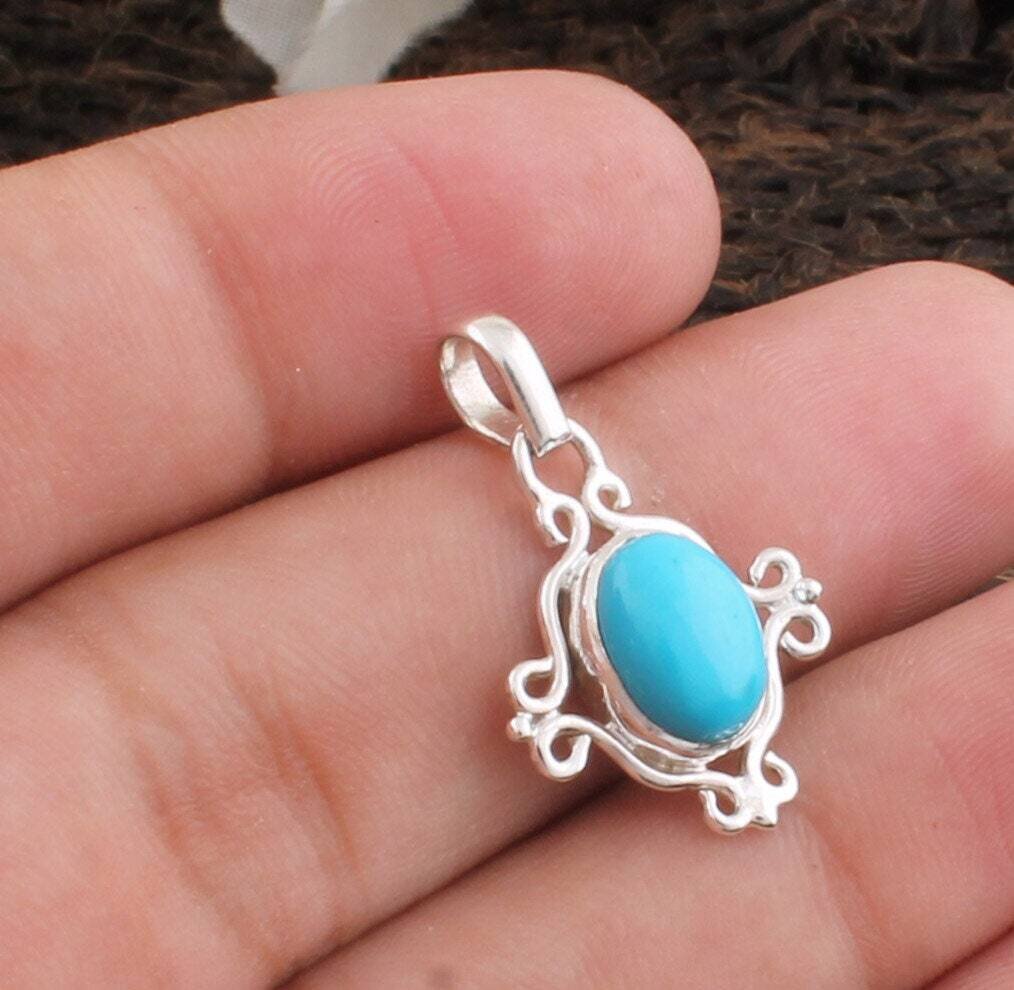 Lovely Turquoise Pendant-Floral Design Silver Pendant-Semi Precious Oval Stone Pendant- Turquoise Pendant-Handcrafted-Silveretsy2022