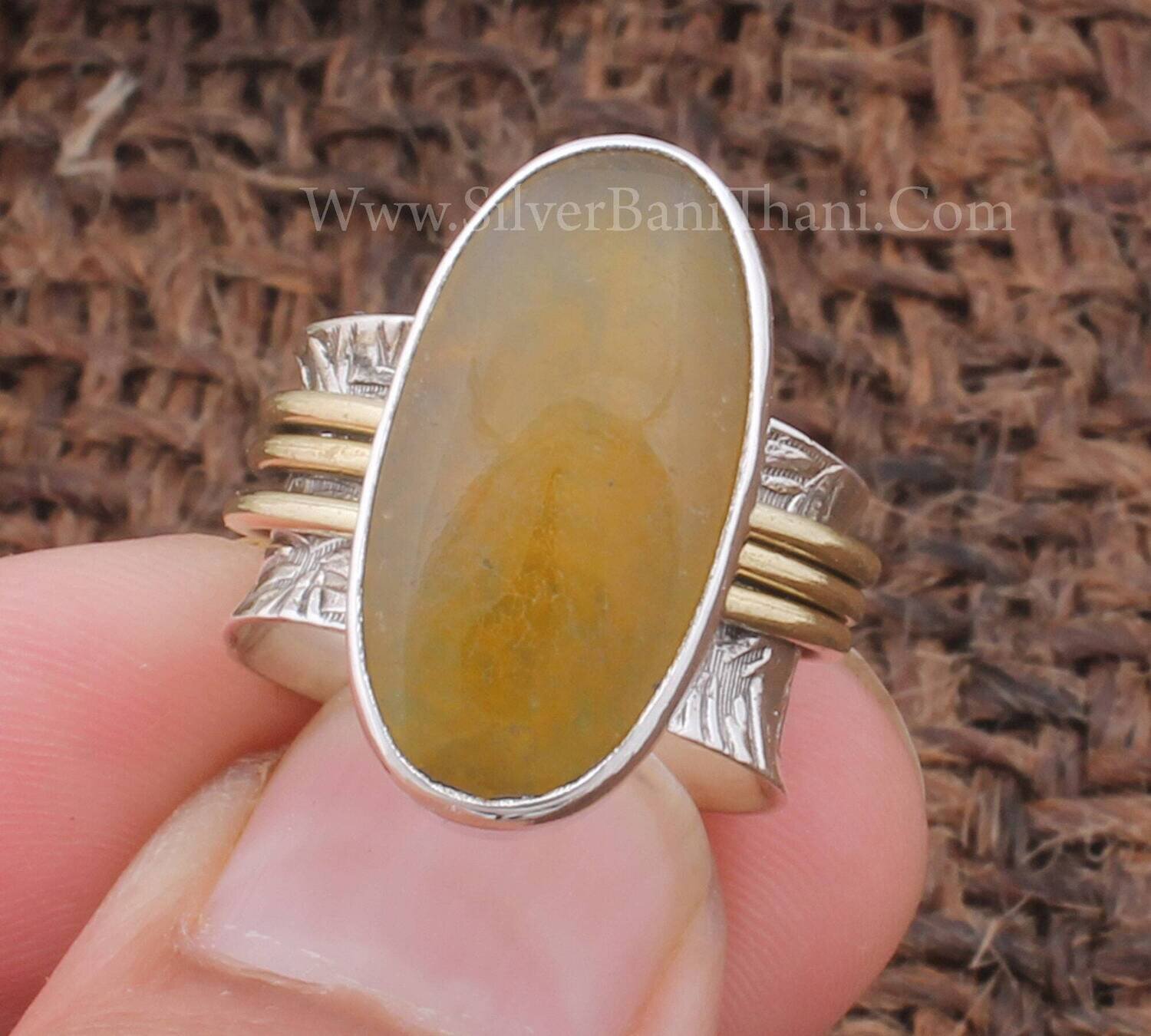 Sunset Jade 925 Sterling Silver &amp; Brass Spinner Ring Designer Handmade Carved Silver Meditation Ring Fidget Ring Boho Worry Ring Gift Idea