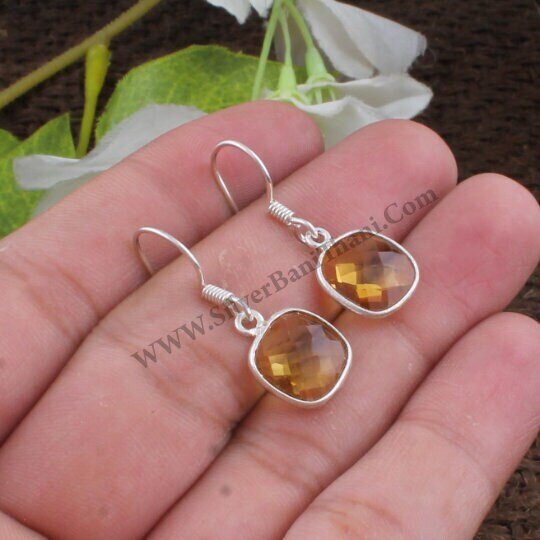 Bezel Set Faceted Citrine Cushion Gemstone Silver Earrings | 925 Sterling Solid Silver Earrings | November Birthstone | Wedding Jewelry Gift