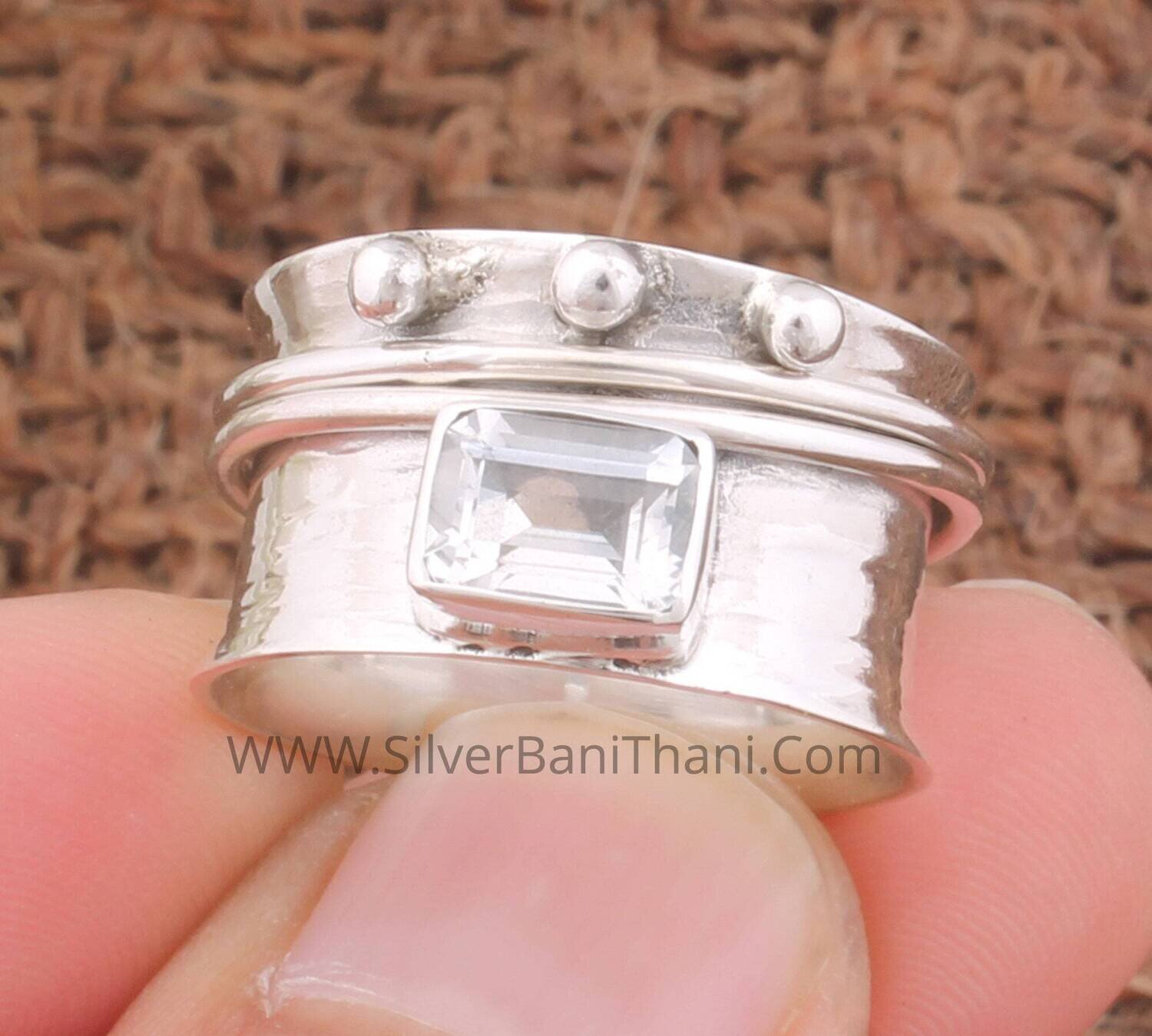 Crystal Quartz Silver Stone Spin Ring | 925 Sterling Silver Rectangle Bar Shape Gemstone Ring | Meditation Ring | Etsy Spinner Ring