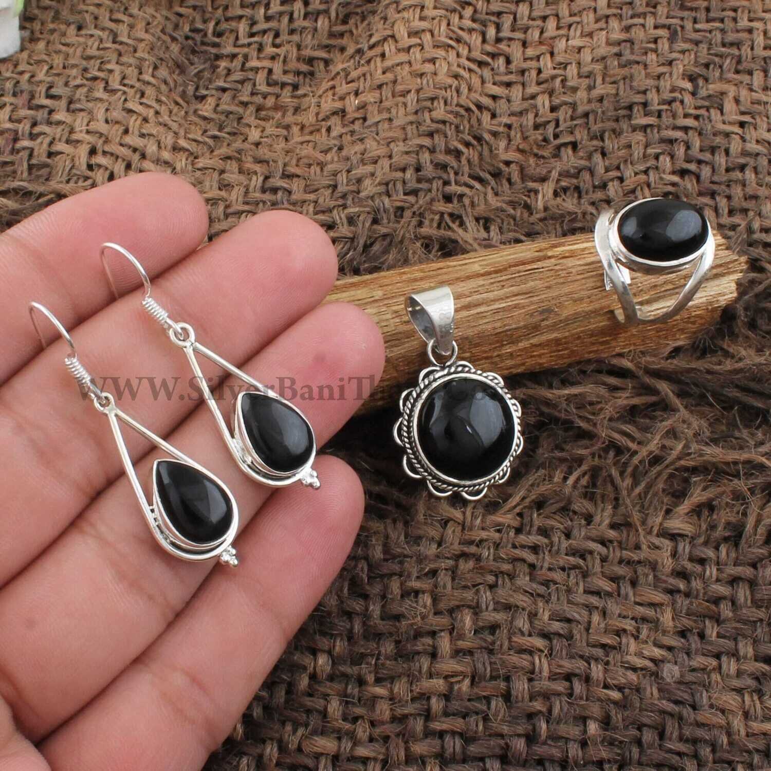Black Onyx Gemstone Silver Jewelry Set | 925 Sterling Silver Cabochon Stone Jewelry Set For Women | Bridal Wedding Jewelry Gift Idea