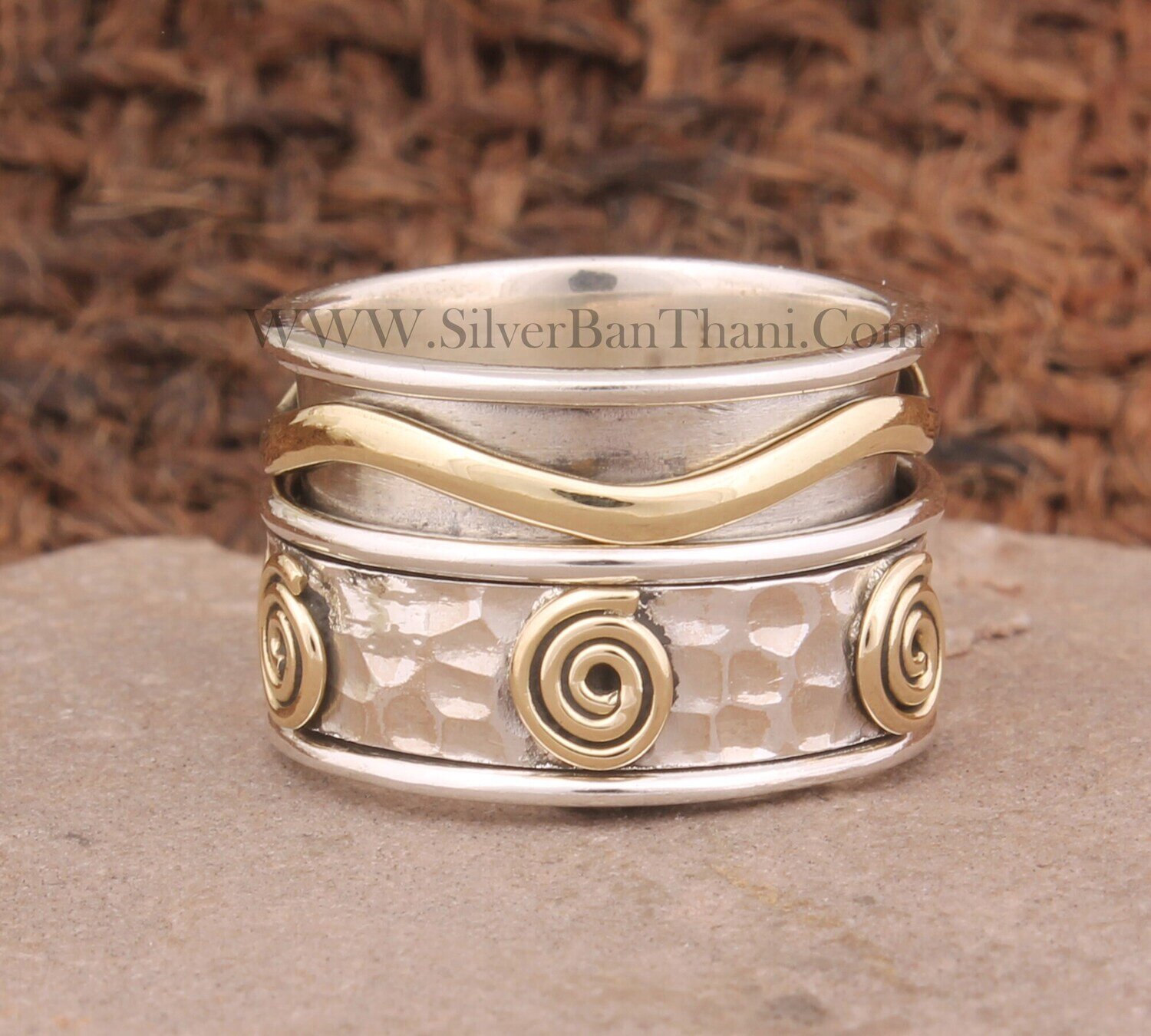 Hand Carved Band Two Tone Spinner Ring | 925 Sterling Silver &amp; Brass Floral Worry Ring | Hammered Boho Wave Band Ring | Thumb Ring Gift Idea