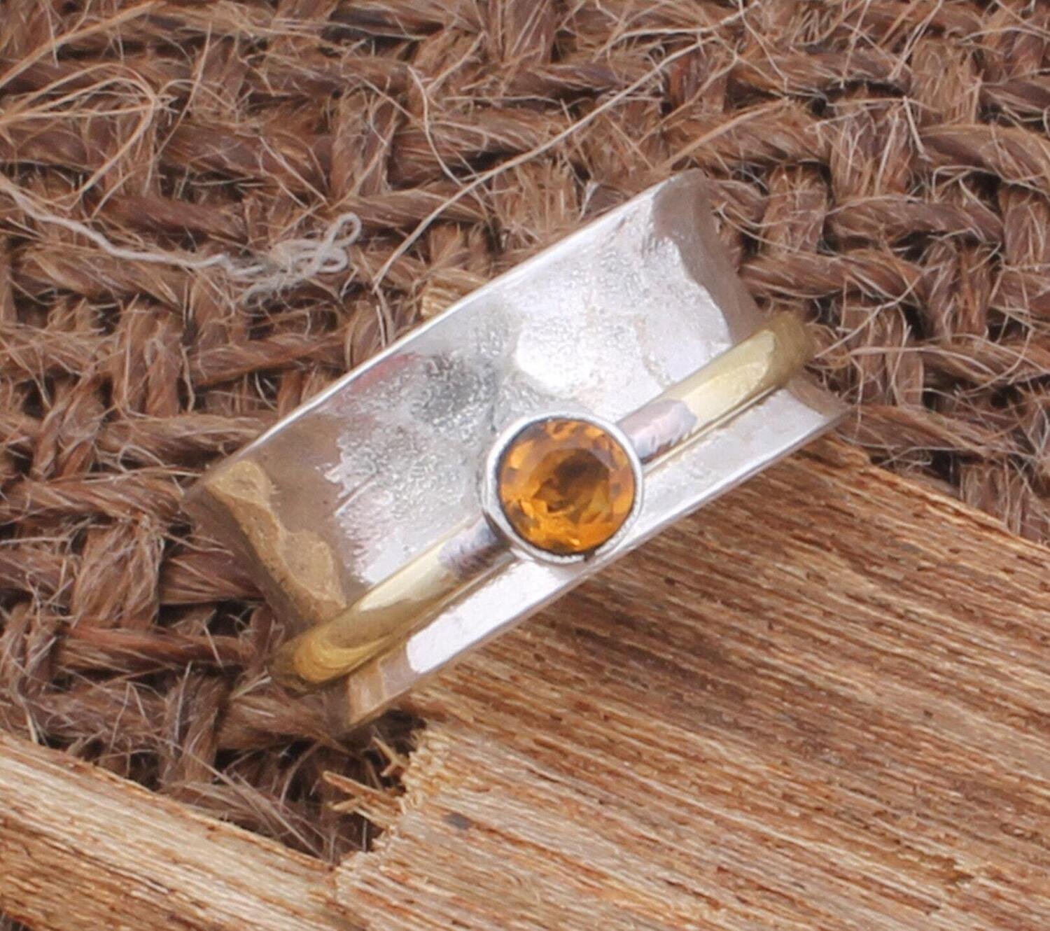 Citrine Ring Spinner Ring 925 Sterling Solid Silver Ring Citrine Semi Precious Stone With Brass Tone Spinner Silver Band Ring Two Tone Ring