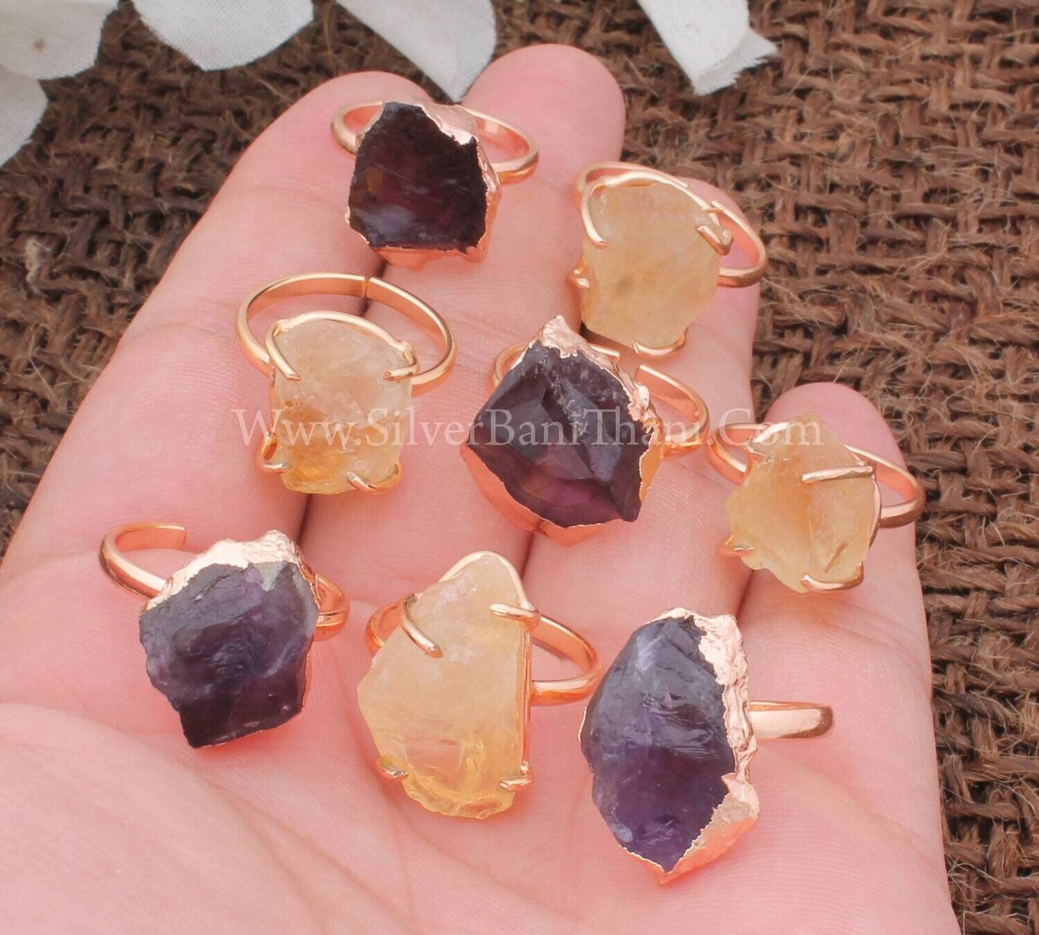 Raw Natural Amethyst &amp; Citrine Ring For Birthday Jewelry Electroplated Copper Adjustable Ring For Women Boho Handmade Copper Jewelry Gift
