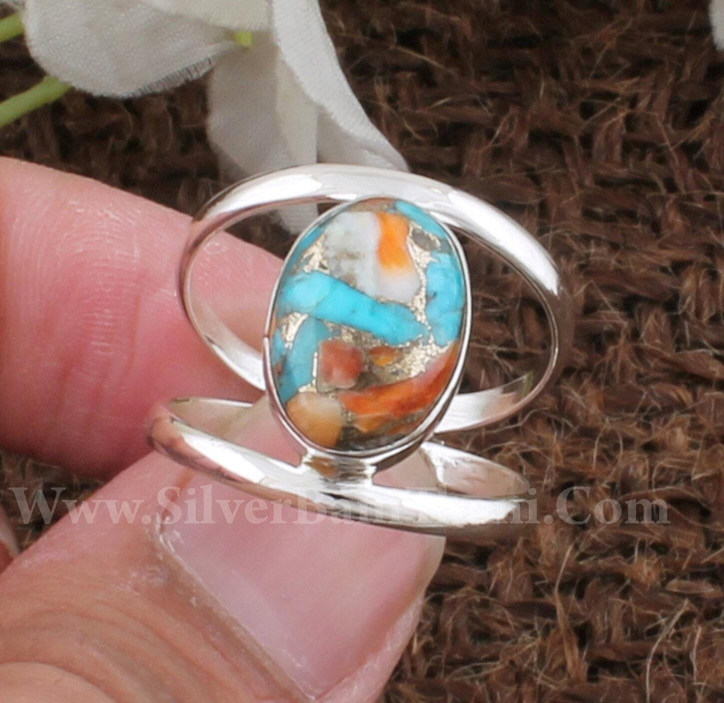 Two Layer Oyster Copper Turquoise Gemstone Ring | 925 Sterling Solid Silver Oval Ring | Designer Handmade Women Wedding Jewelry | Gift Idea