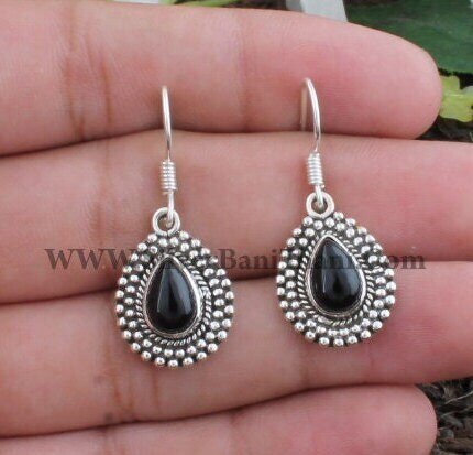 Black Onyx Gemstone Earrings | 925 Sterling Silver Pear Stone Earrings | Designer Handmade Earring | Women Wedding Jewelry Gift Idea