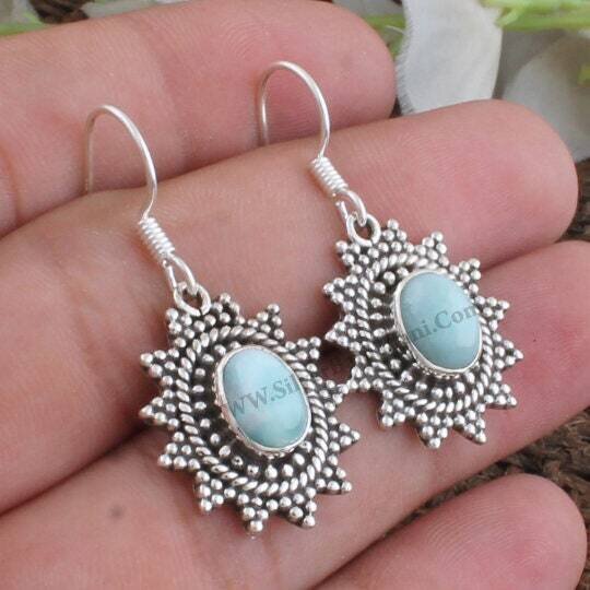 Larimer Earring-Oval Stone With Star Shape Design Silver Earring-925 Sterling Silver Earring-Semi Precious Blue Stone Earring-Gift For Sis
