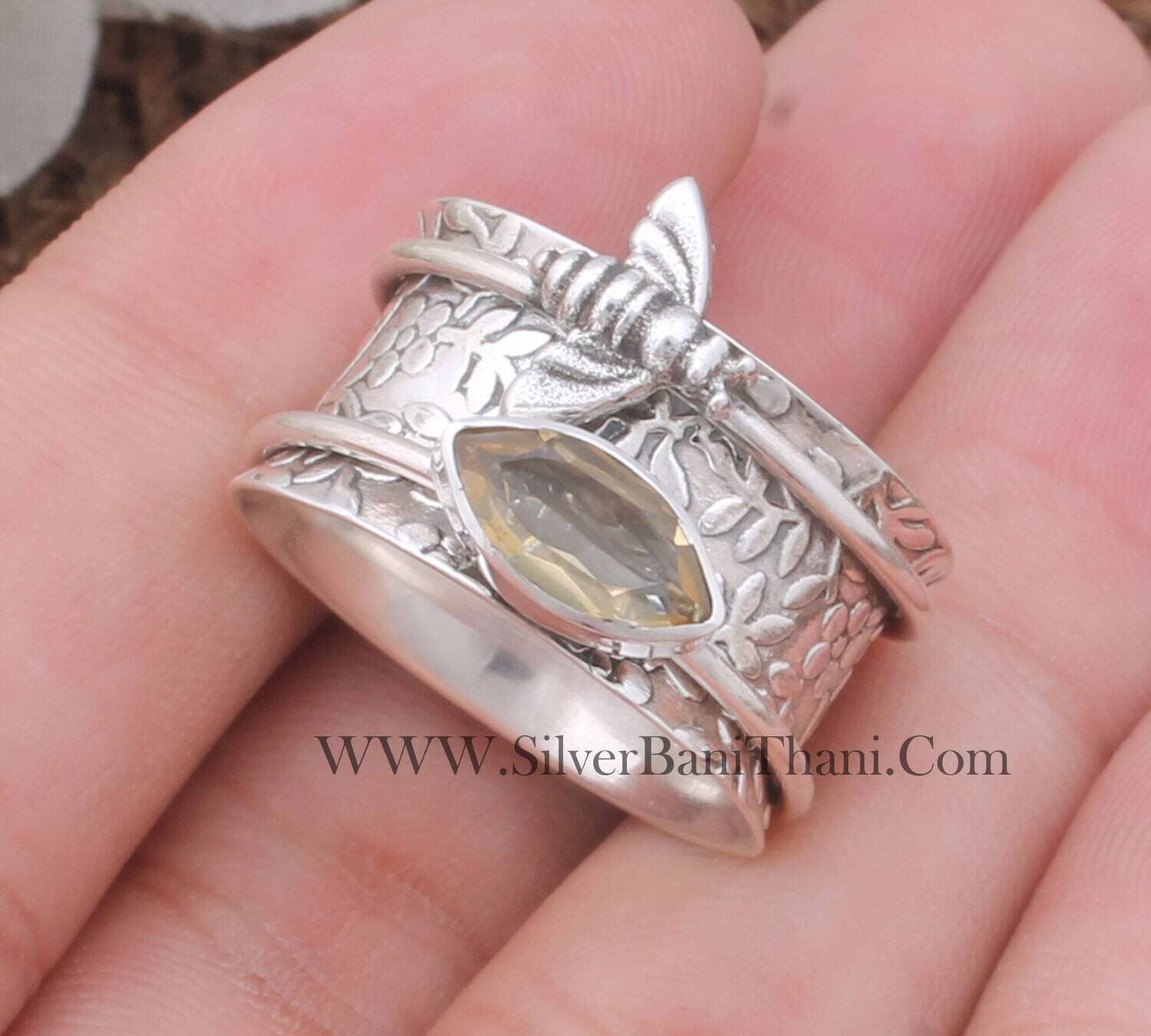 Citrine Gemstone Solid 925 Sterling Silver Anxiety Spinner Ring For Women Handmade Marquise Gemstone Honey Bee Ring Gifts For Her Birthstone