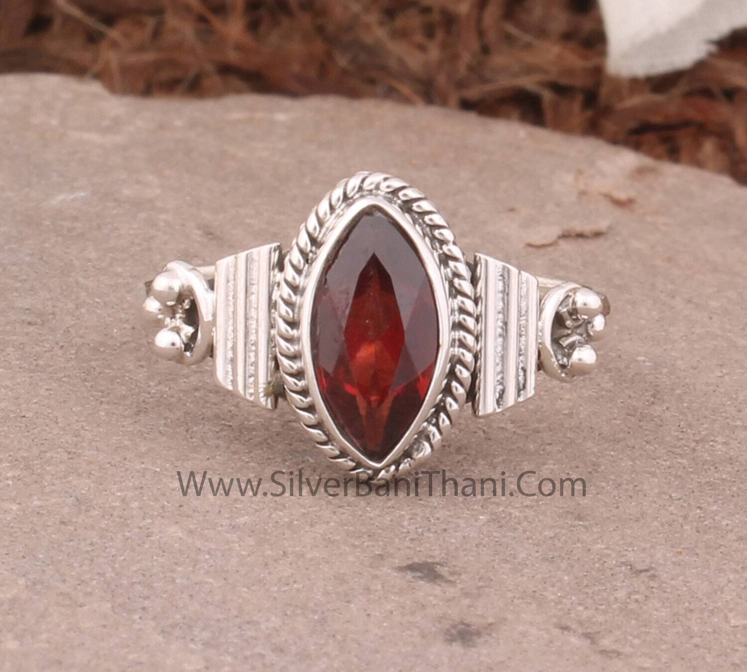 Red Garnet Solid 925 Sterling Silver Ring For Women | Handmade Marquise Shape Solid Silver Band Ring For Wedding Anniversary Gifts For Women