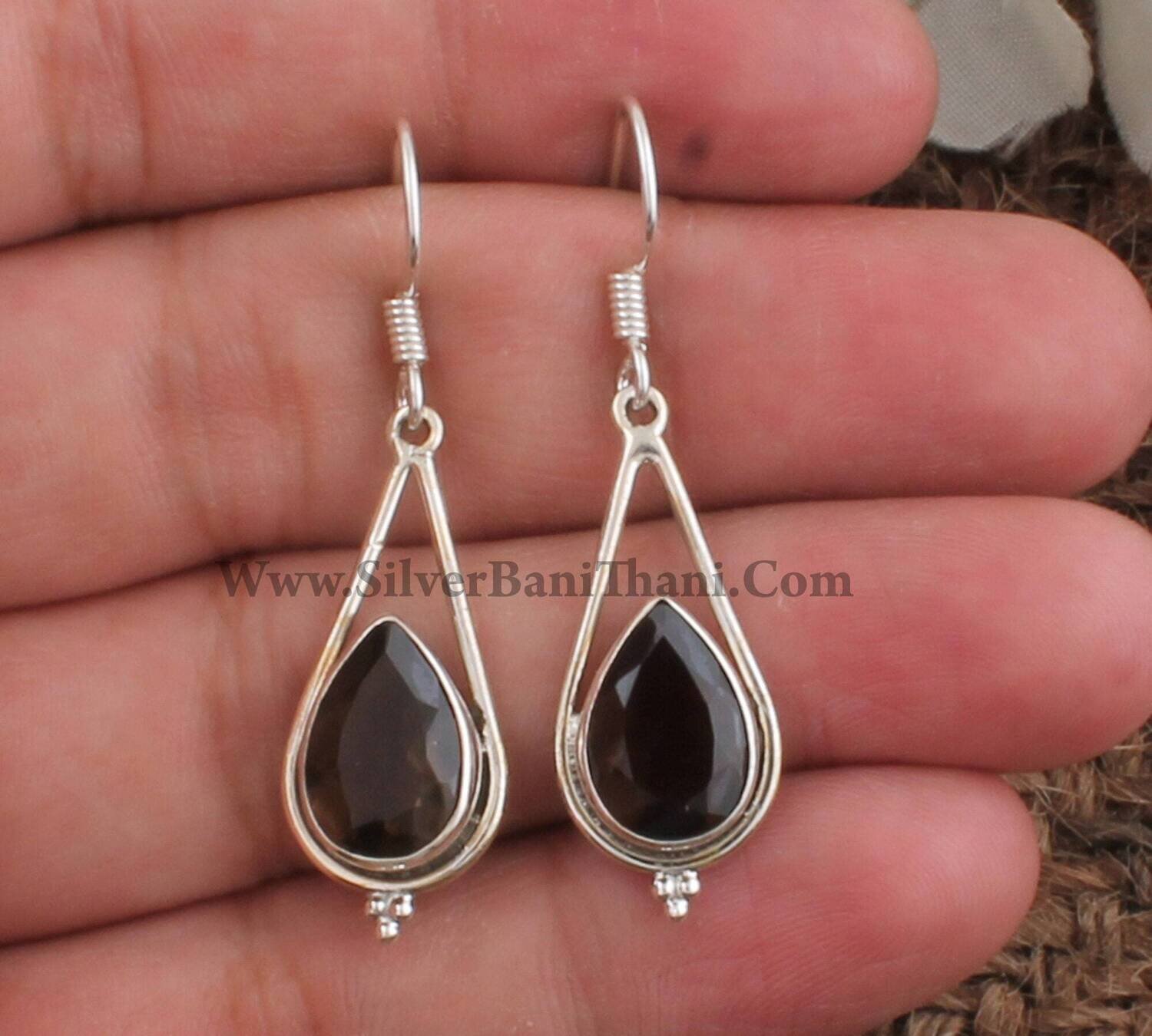 Smokey Quartz Silver Earrings | 925 Sterling Solid Silver Pear Faceted Cut Stone Earrings | Designer Handmade Jewelry | Women Ring