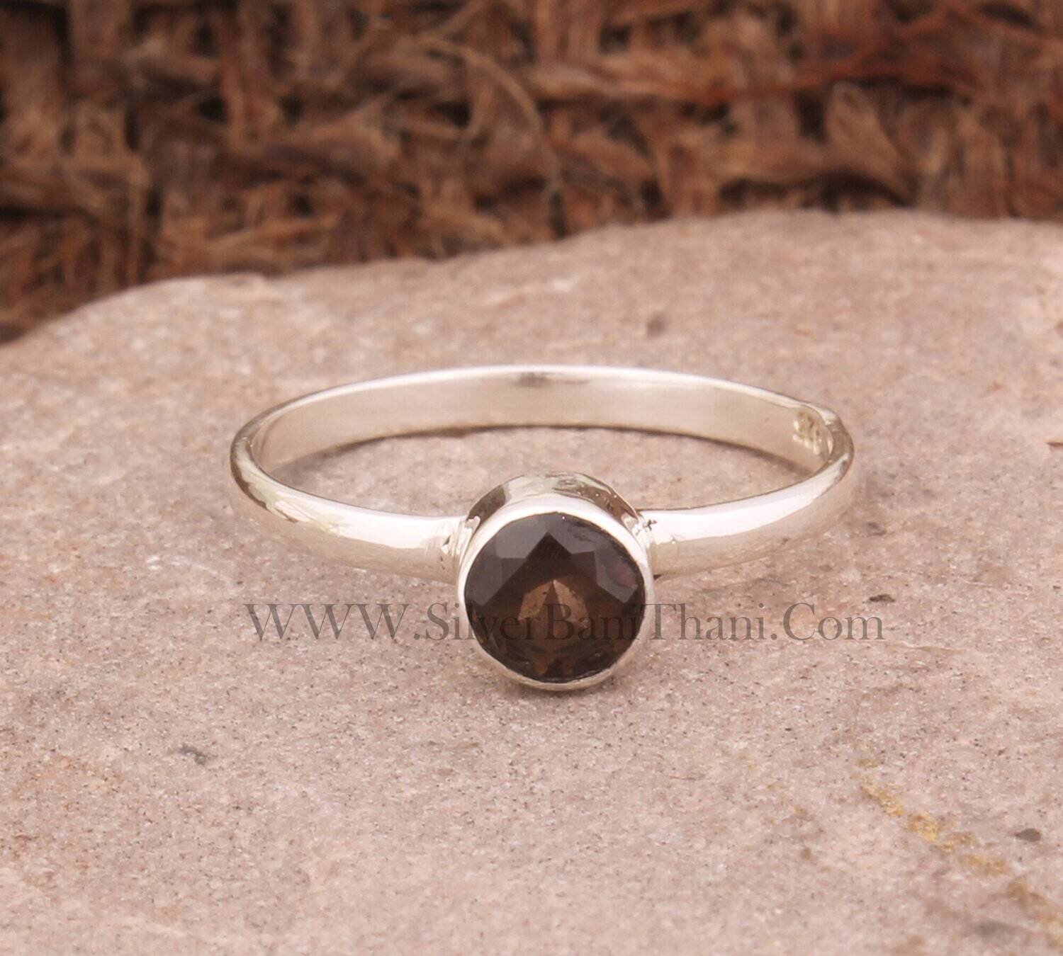 Smoky Quartz Gemstone Silver Ring | 925 Sterling Solid Silver Ring | Round Cut Gemstone Ring | Handmade Silver Ring | Everyday Jewelry Gift