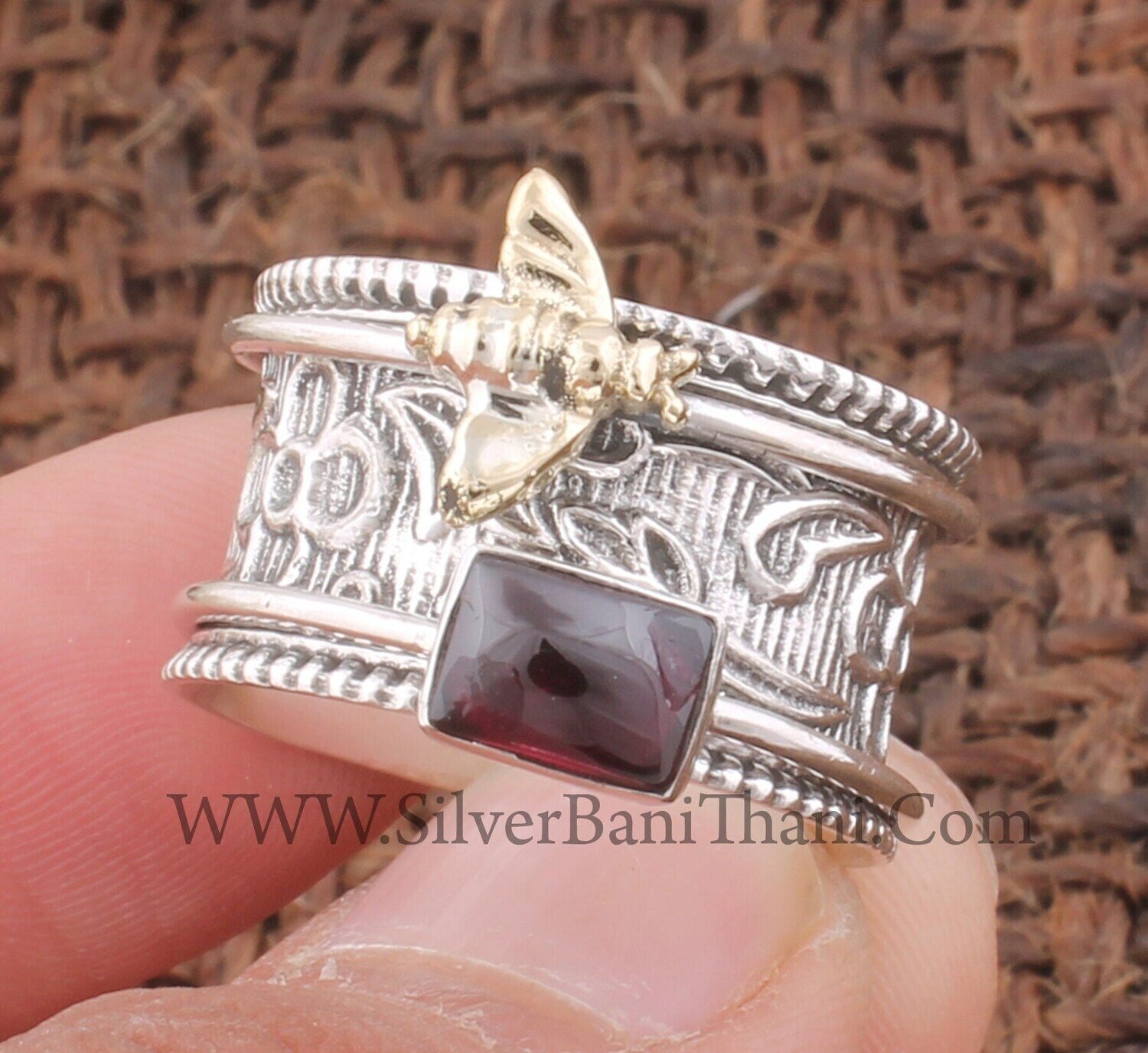 Golden Honey Bee Solid 925 Sterling Silver Red Garnet Spinner Rings For Women, Handmade Bee Anxiety Fidget Ring For Wedding Anniversary Gift