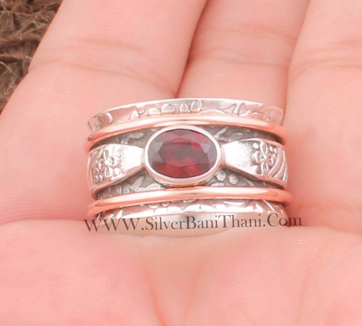 Red Garnet Gemstone Silver Spinner Ring 925 Sterling Silver Faceted Cut Spinner Ring Designer Hand Carved Flower Carved Wide Band Ring Gift