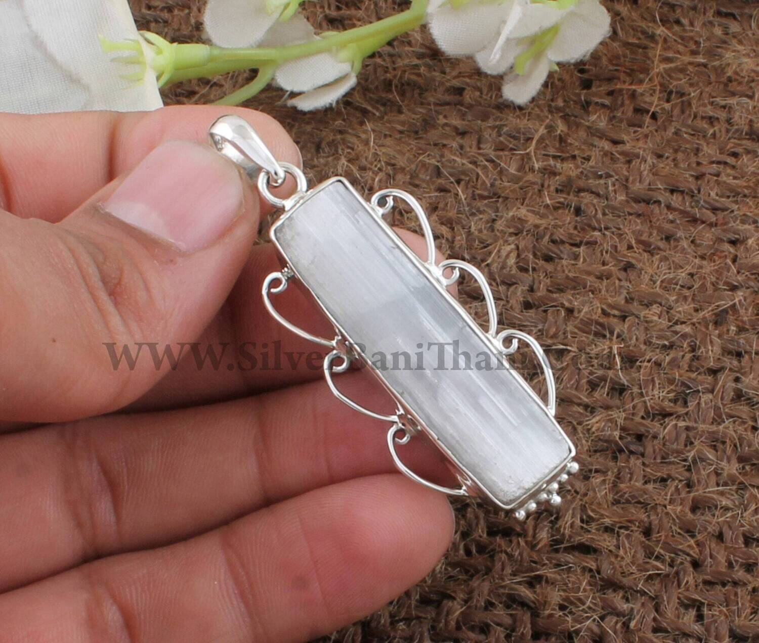 Selenite Gemstone Necklace Pendant | 925 Sterling Silver Pendant | Selenite Bar Stone Necklace Pendant |Present For Her Wedding Gift