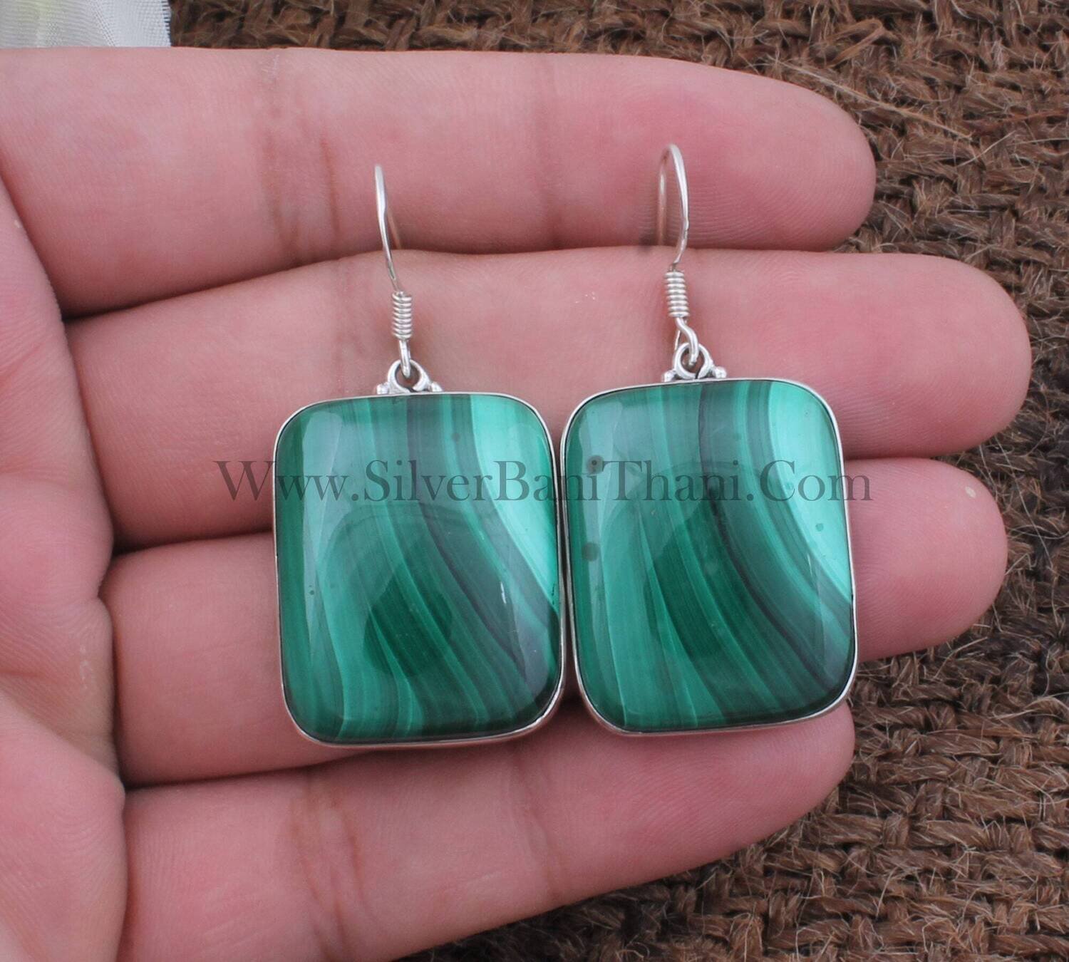 Malachite Silver Earrings | 925 Sterling Solid Silver Earrings | Smooth Elongated Cushion Shape Gemstone Earrings | Bridal Jewelry Gift Idea