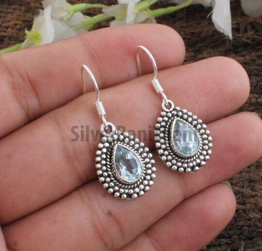 Amazing Blue Topaz Gemstone Earring-Pear Design Silver Earring-Cut Stone Earring-Faceted Blue Topaz Earring-Women Gift Item-Gemstone Healing