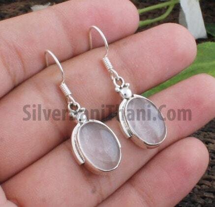 Amazing Rose Quartz Gemstone Earring-925 Sterling Silver Pink Stone Earring-Oval Stone Earring-Silver Jewelry-Layering Earring-Gift For Love