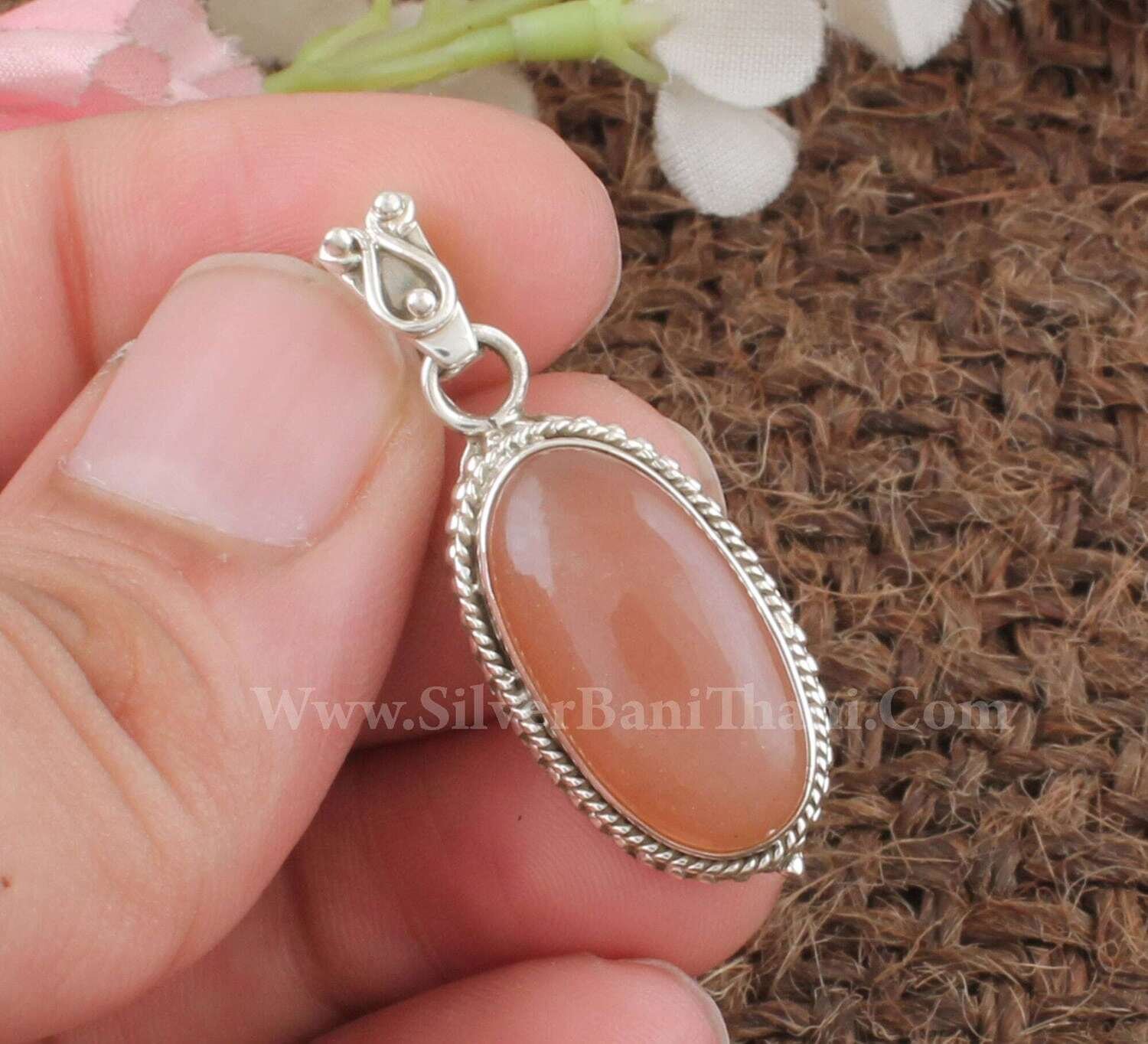 Peach Moonstone Silver Necklace Pendant | 925 Sterling Silver Oval Shape Pendant | Designer Handmade Bridal Wedding Jewelry | Gift For Women