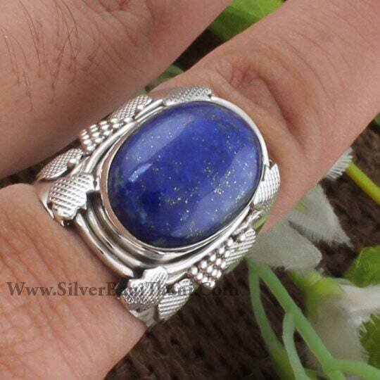 Lapis Lazuli Oval Gemstone Boho Silver Ring | 925 Sterling Solid Silver Ring | Handmade Carved Silver Jewelry | Valentine's Day Gift