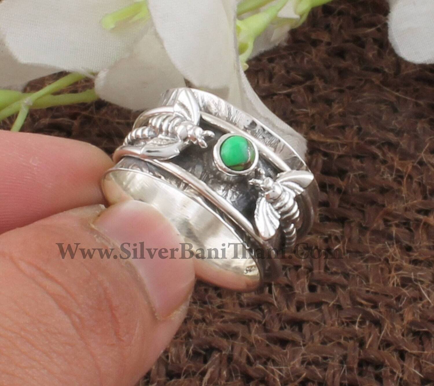 Green Copper Turquoise Gemstone Silver Spinner Ring | 925 Sterling Silver Smooth Stone Ring | Designer Hand Carved Two Honey Bee Silver Ring