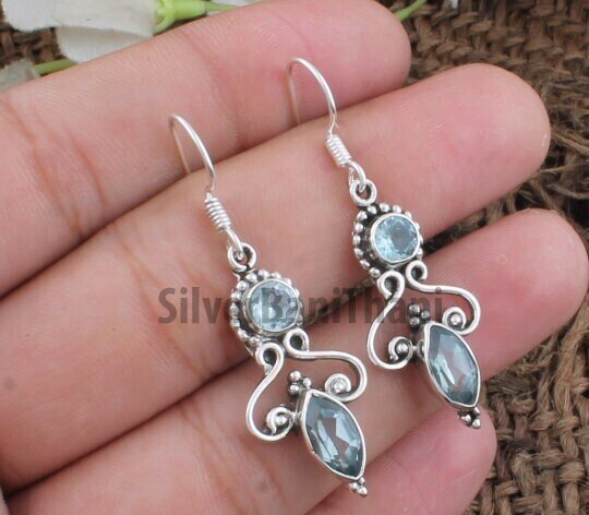 Natural Blue Topaz Silver Earrings | 925 Sterling Solid Silver Earrings | Designer Two Faceted Gemstone Earrings | November Birthstone Gift