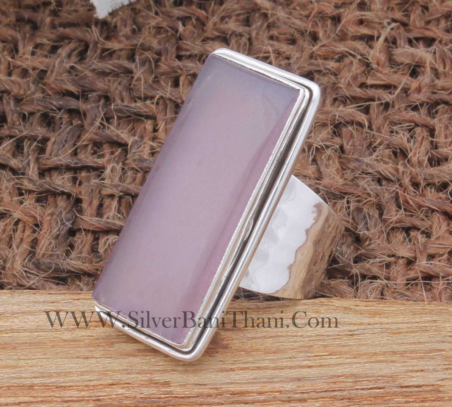 Lavender Jade Long Bar Gemstone Solid 925 Sterling Silver Ring For Women, Handmade Rectangle Textured Hammered Band Ring Gifts Idea For Her